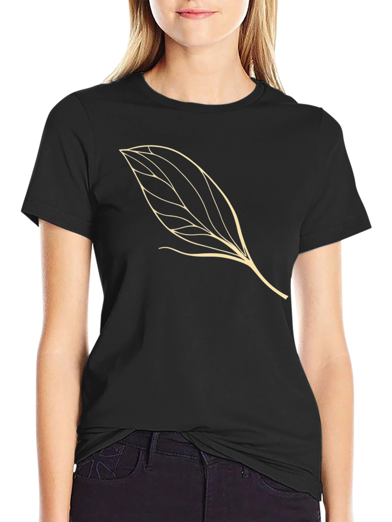 Leaf Design Black Cotton T-Shirt