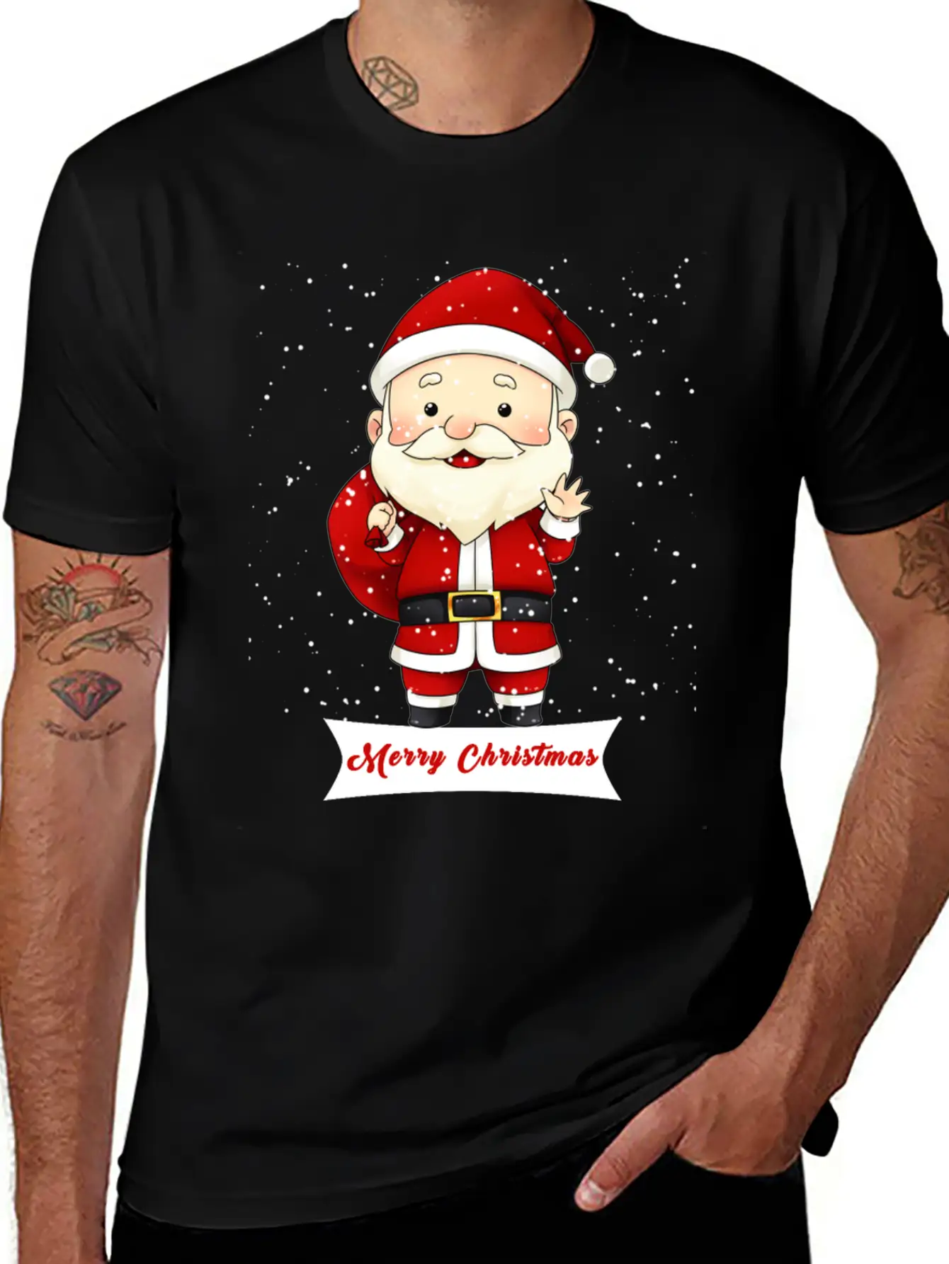 Santa Claus Snow Falling Merry Christmas Holiday Unisex Short Sleeve Soft Cotton T-Shirt – Casual Everyday Wear