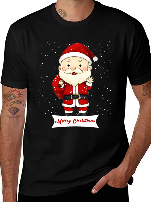 Santa Claus Snow Falling Merry Christmas Holiday Unisex Short Sleeve Soft Cotton T-Shirt – Casual Everyday Wear