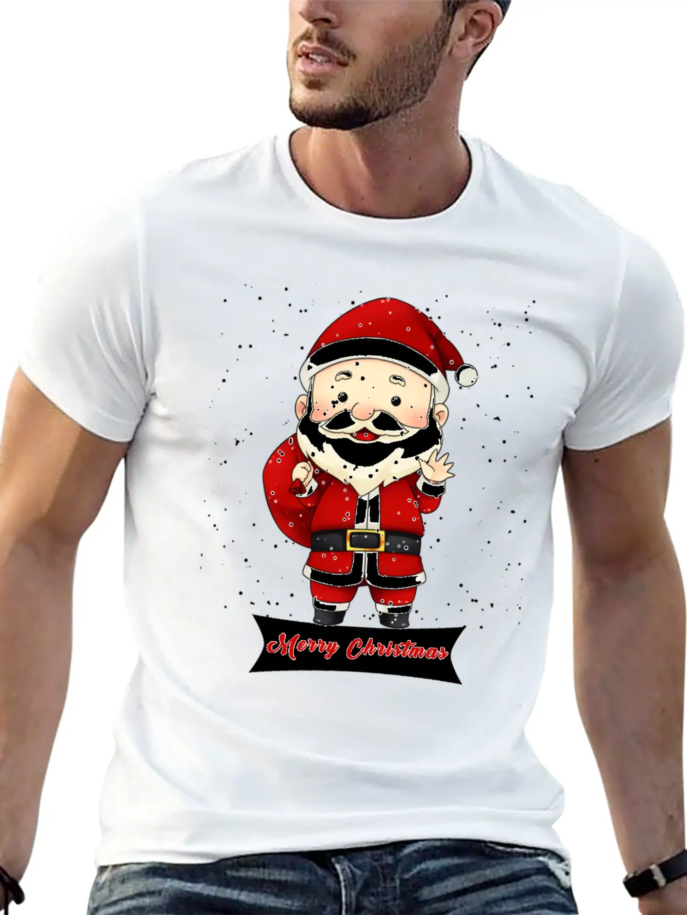 Santa Claus Snow Falling Merry Christmas Holiday Unisex Short Sleeve Soft Cotton T-Shirt – Casual Everyday Wear