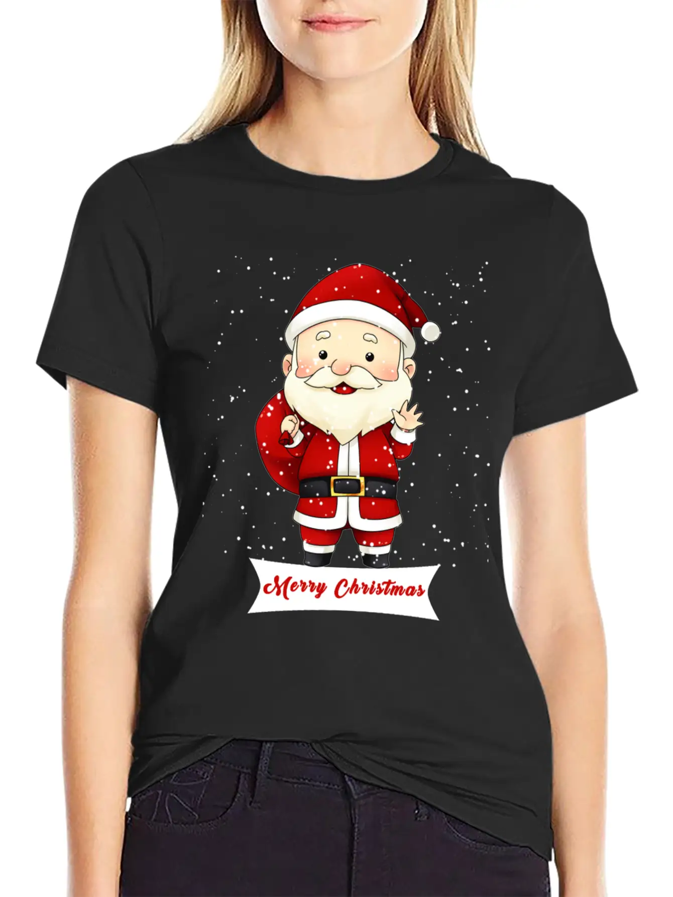 Santa Claus Snow Falling Merry Christmas Holiday Unisex Short Sleeve Soft Cotton T-Shirt – Casual Everyday Wear