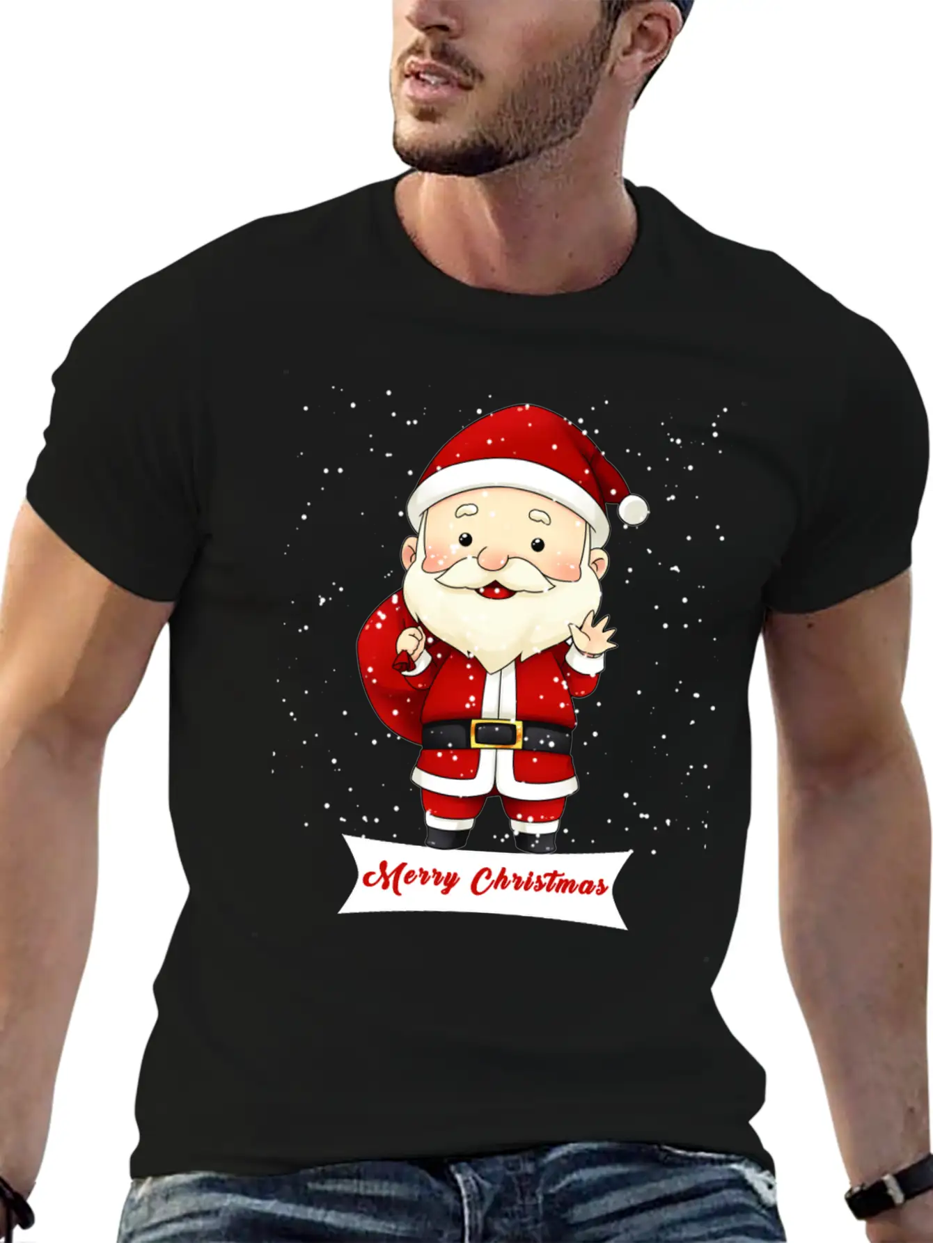 Santa Claus Snow Falling Merry Christmas Holiday Unisex Short Sleeve Soft Cotton T-Shirt – Casual Everyday Wear