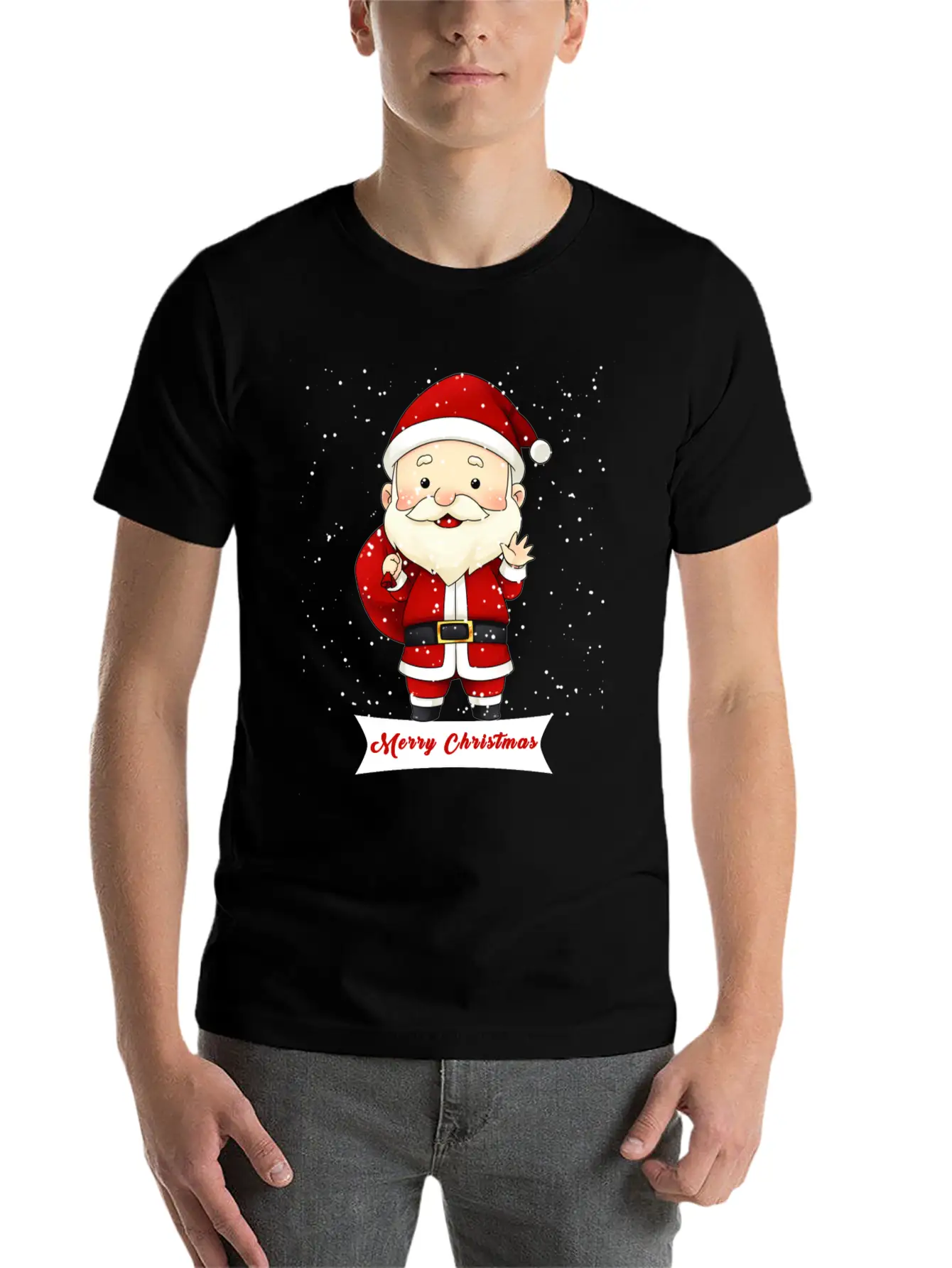Santa Claus Snow Falling Merry Christmas Holiday Unisex Short Sleeve Soft Cotton T-Shirt – Casual Everyday Wear