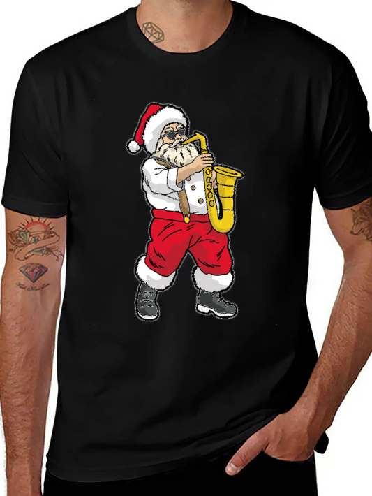 SANTA Playing SAXOPHONE Unisex Short Sleeve Soft Cotton T-Shirt – Casual Everyday Wear