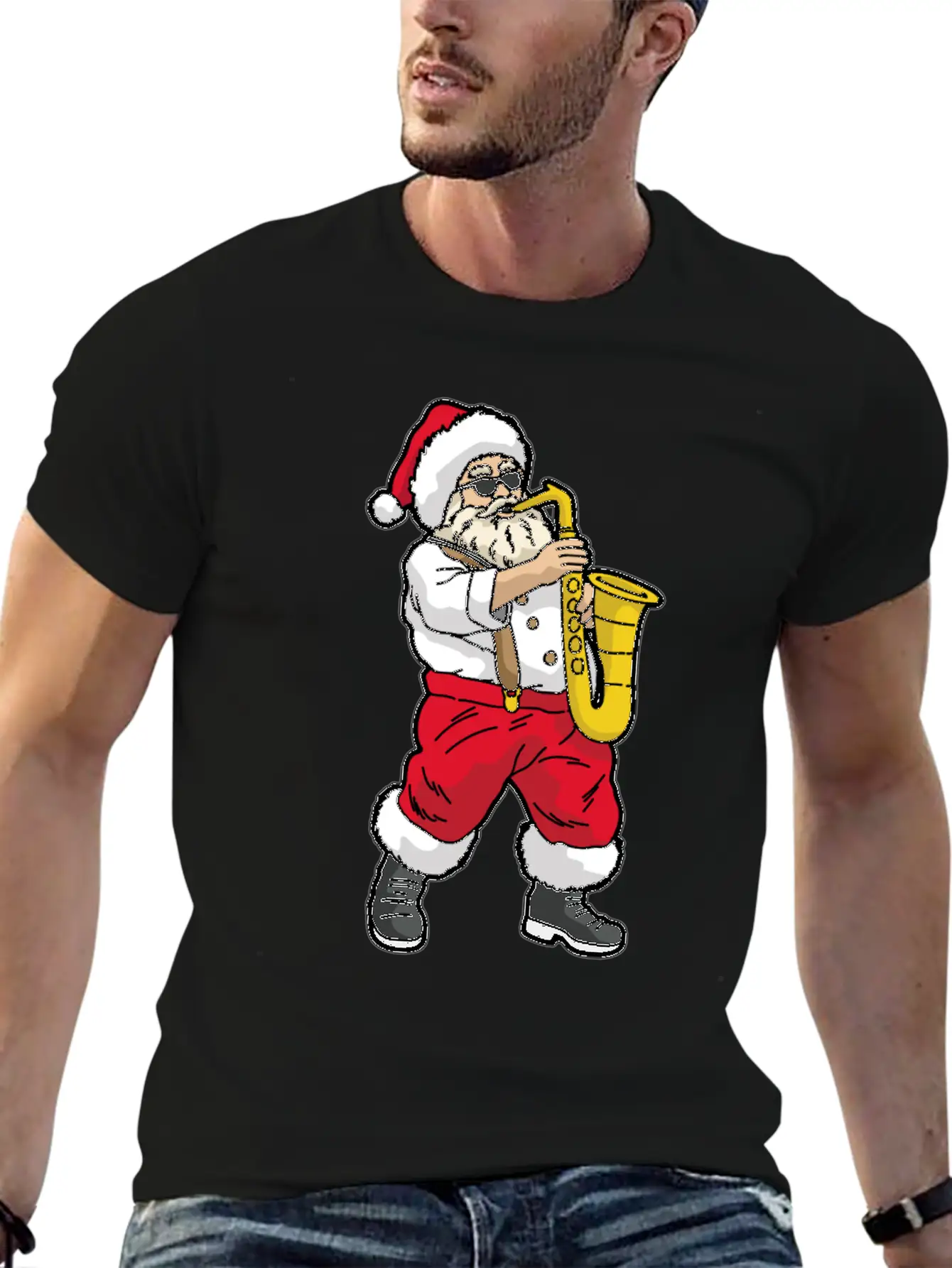 SANTA Playing SAXOPHONE Unisex Short Sleeve Soft Cotton T-Shirt – Casual Everyday Wear