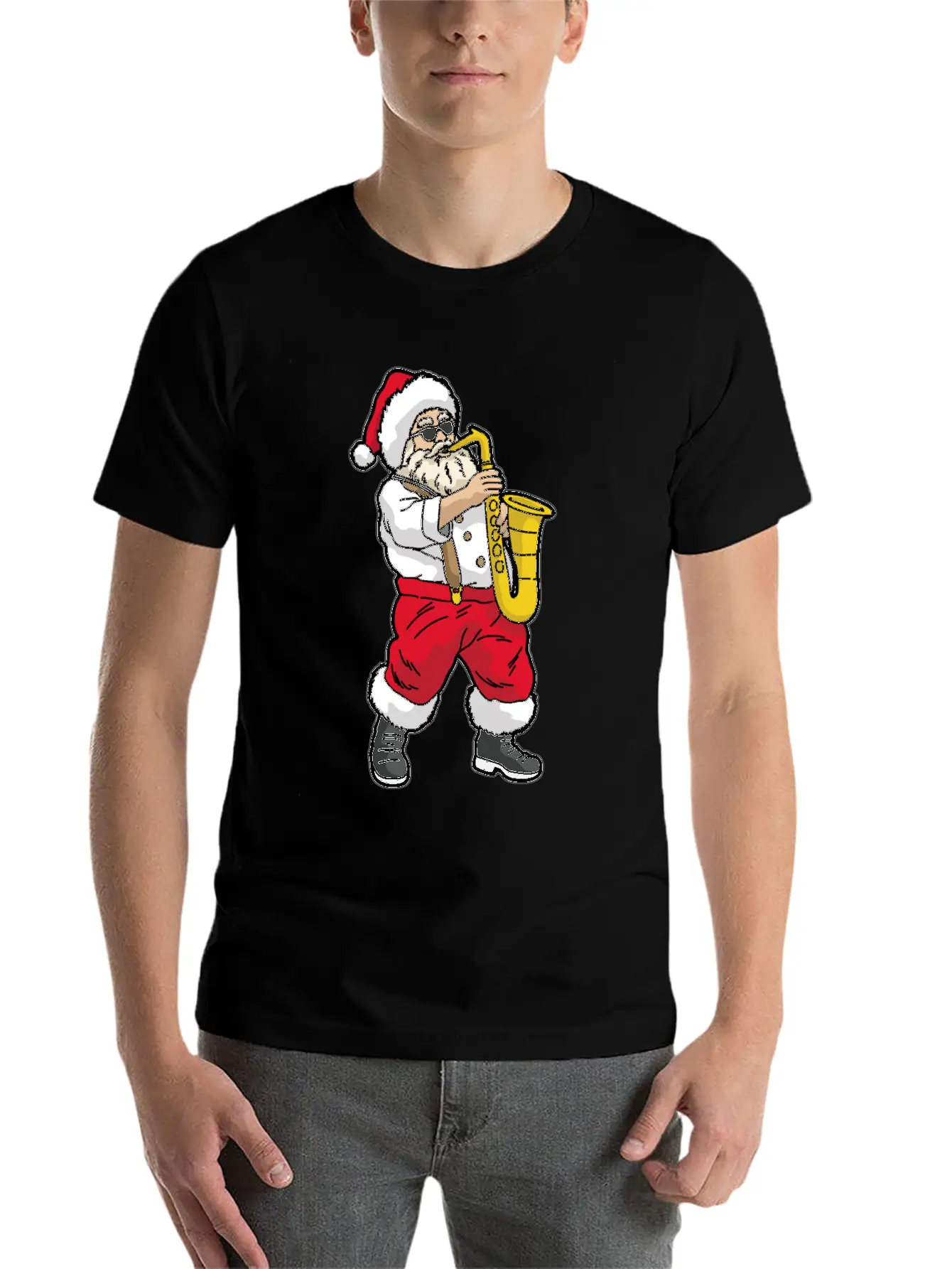 SANTA Playing SAXOPHONE Unisex Short Sleeve Soft Cotton T-Shirt – Casual Everyday Wear