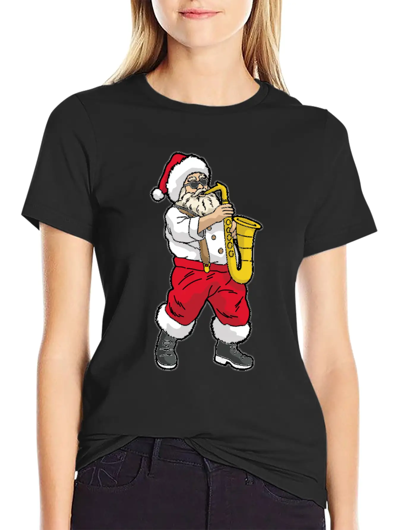 SANTA Playing SAXOPHONE Unisex Short Sleeve Soft Cotton T-Shirt – Casual Everyday Wear