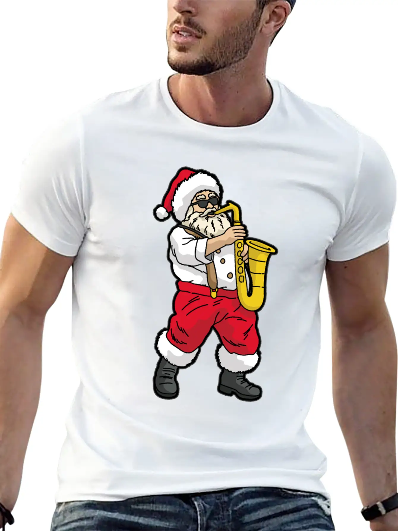 SANTA Playing SAXOPHONE Unisex Short Sleeve Soft Cotton T-Shirt – Casual Everyday Wear