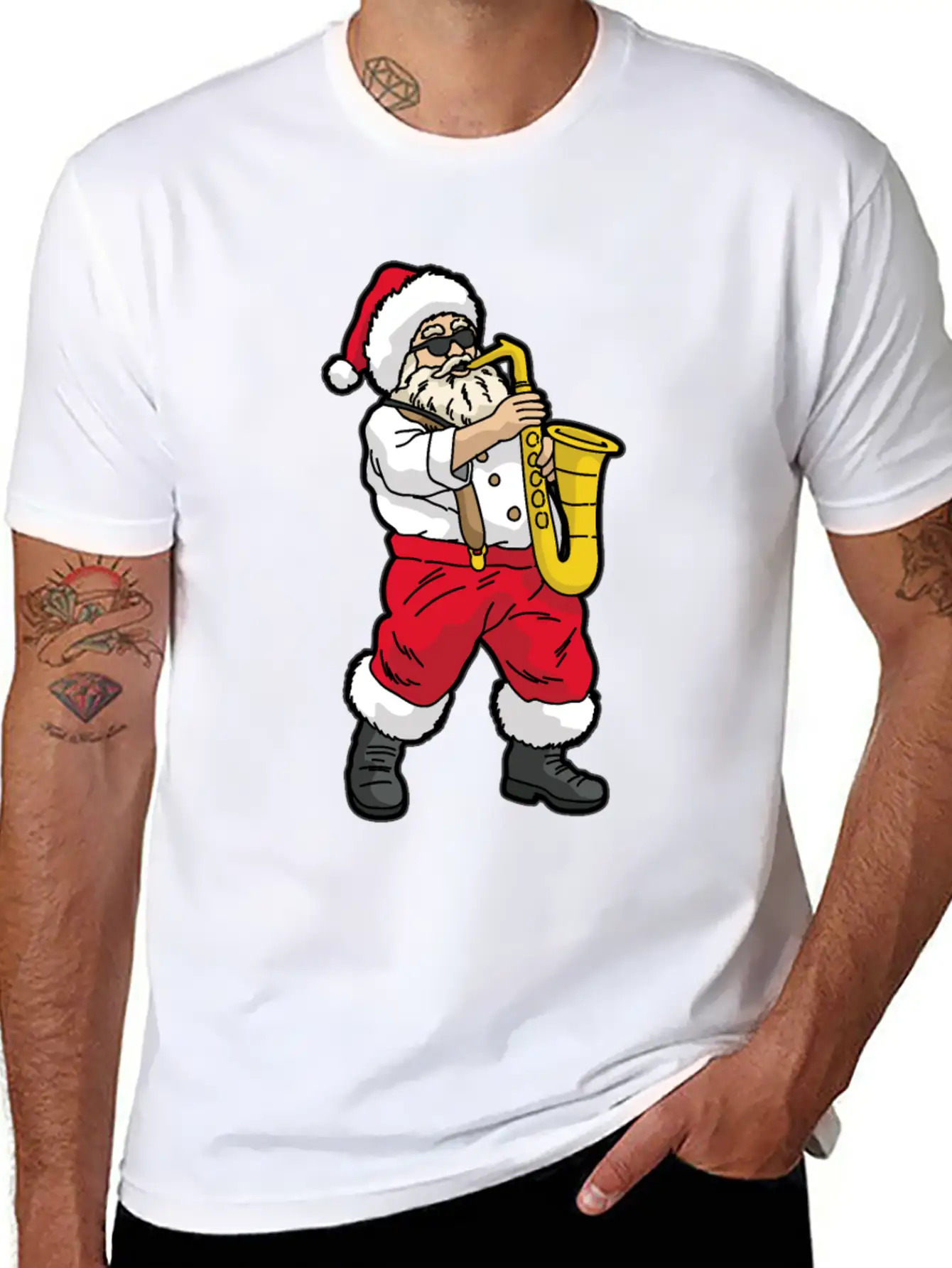 SANTA Playing SAXOPHONE Unisex Short Sleeve Soft Cotton T-Shirt – Casual Everyday Wear