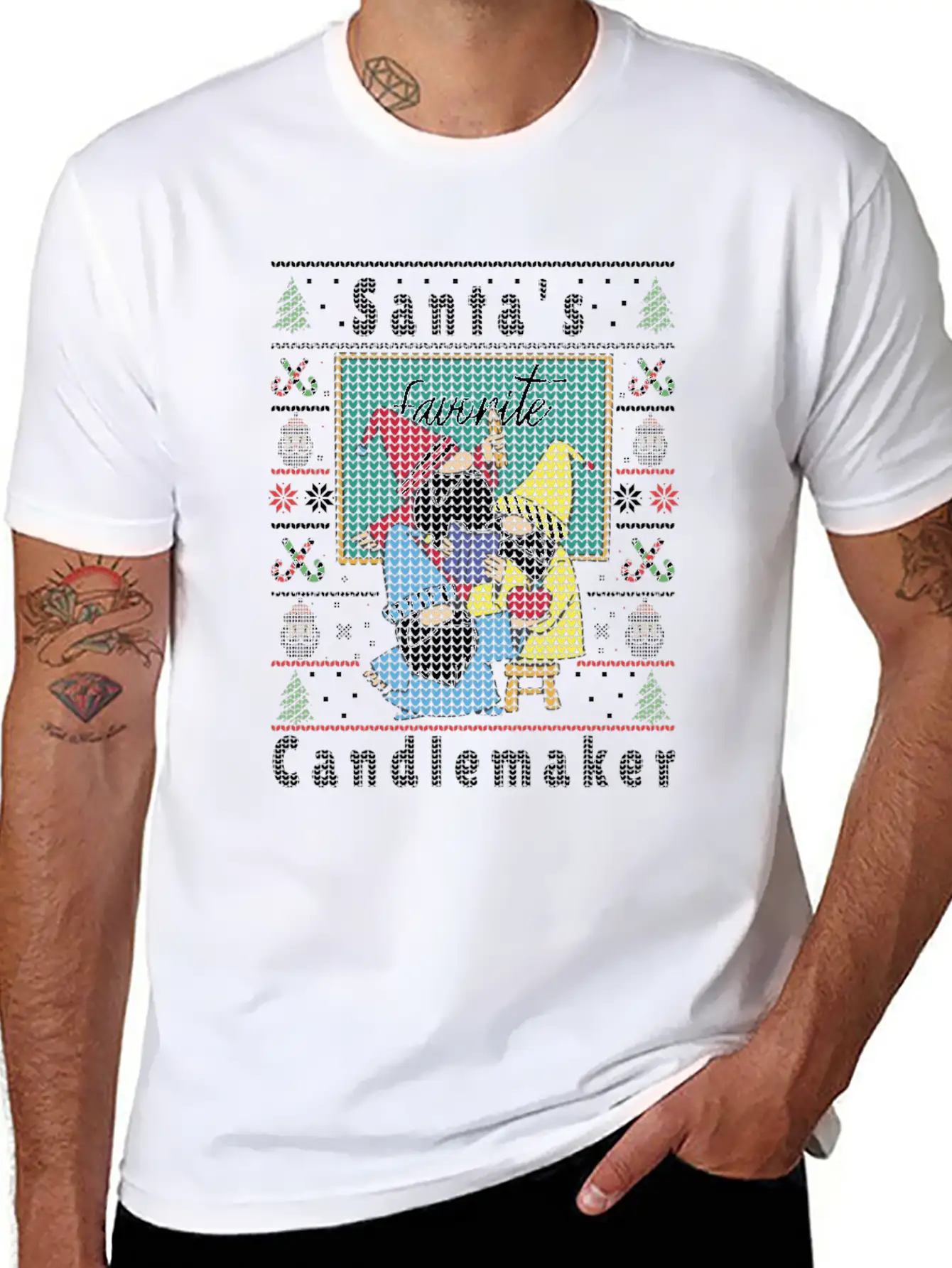 Santas Elfs Ugly Christmas Candlemaker Unisex Short Sleeve Soft Cotton T-Shirt – Casual Everyday Wear