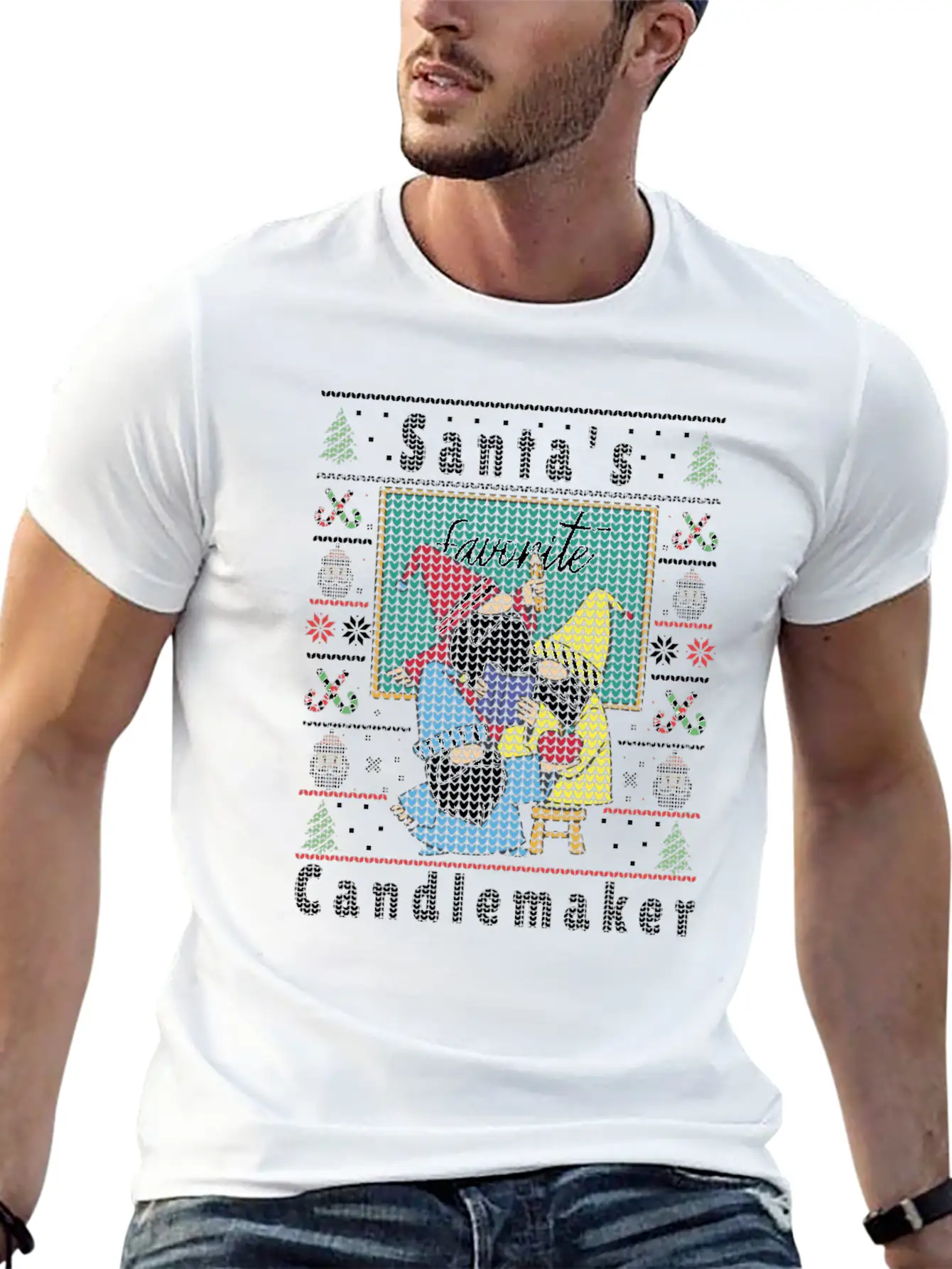 Santas Elfs Ugly Christmas Candlemaker Unisex Short Sleeve Soft Cotton T-Shirt – Casual Everyday Wear