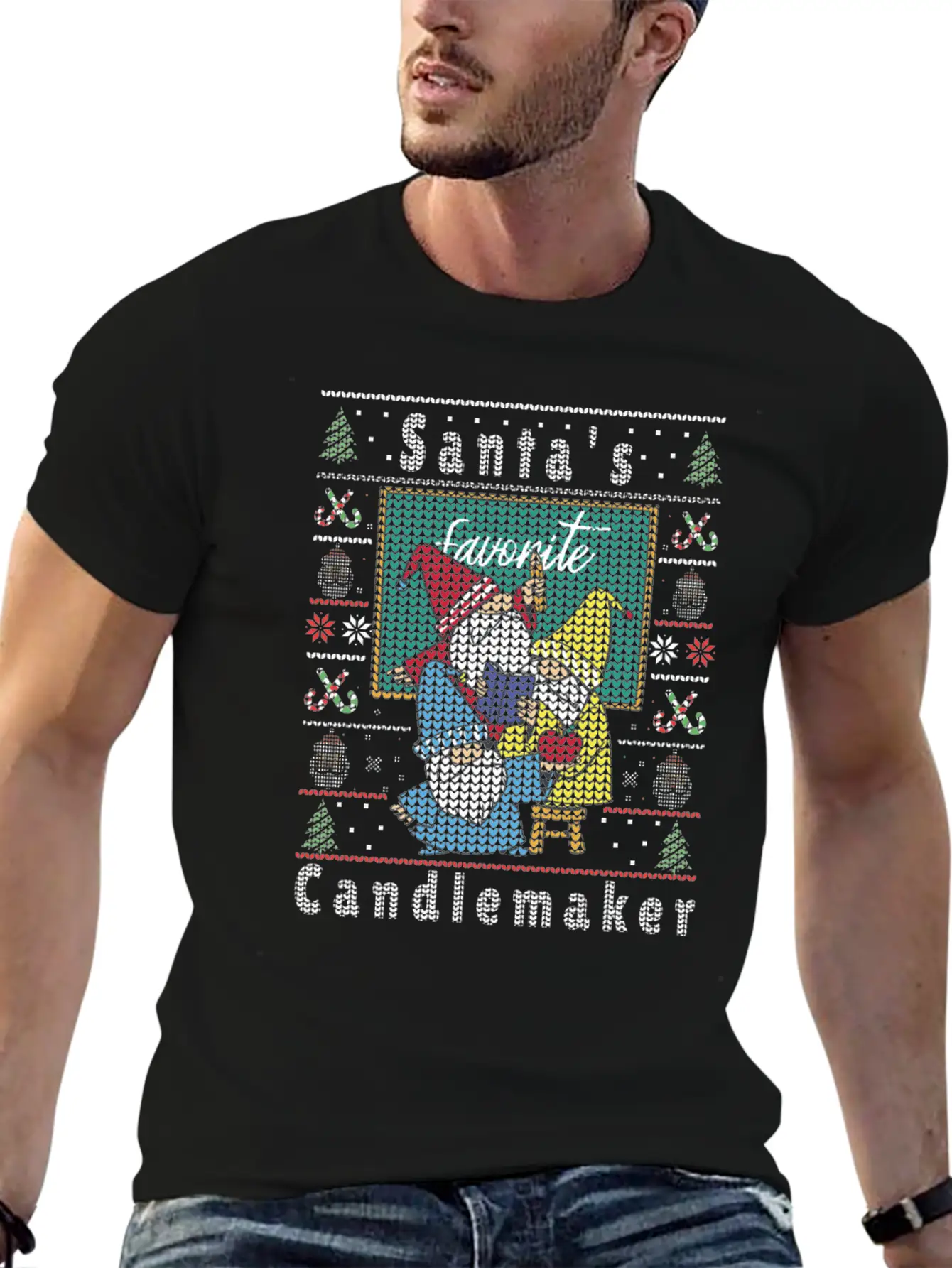 Santas Elfs Ugly Christmas Candlemaker Unisex Short Sleeve Soft Cotton T-Shirt – Casual Everyday Wear