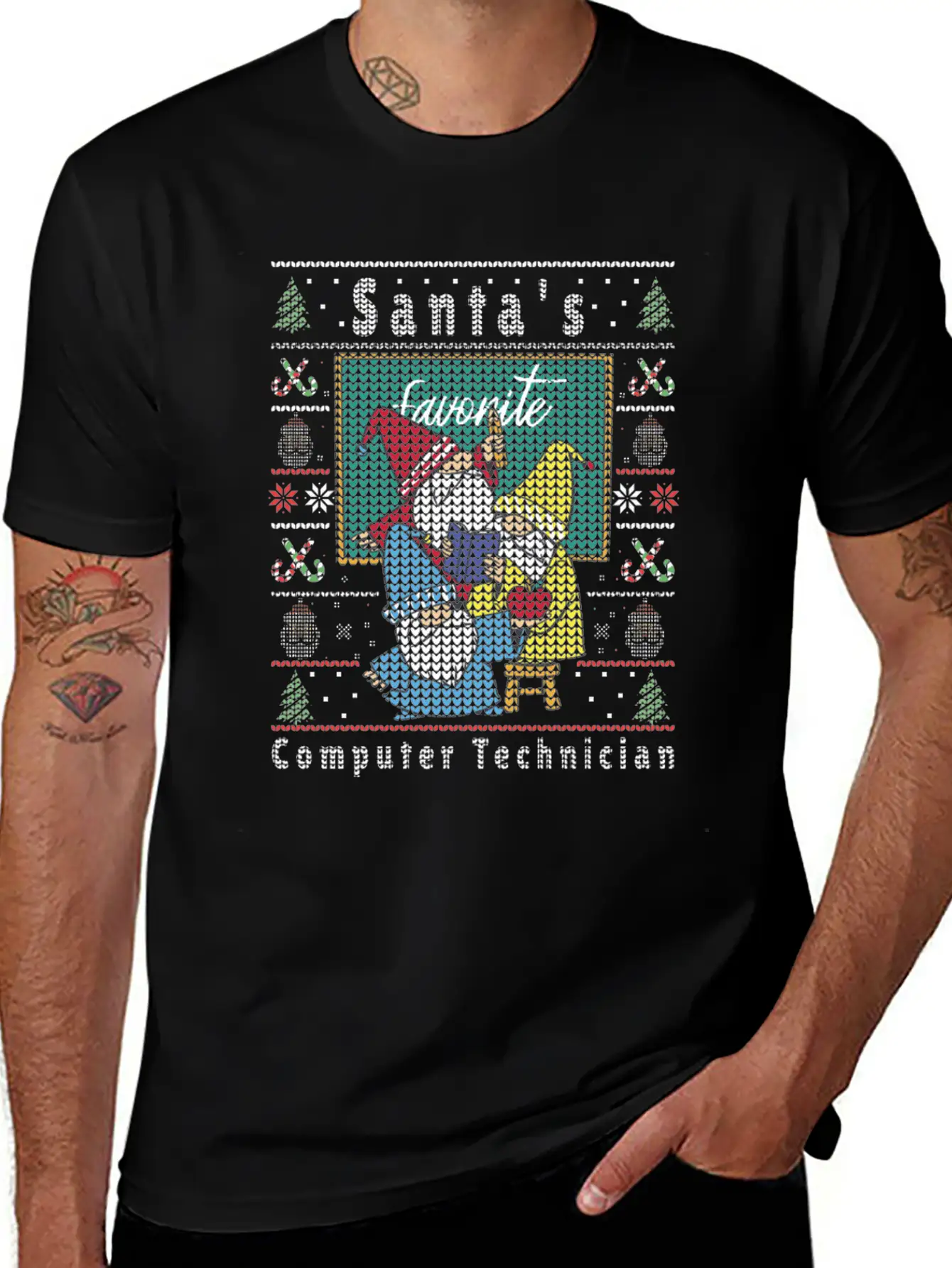 Santas Elfs Ugly Christmas Computer-Technician Basic Graphic T-Shirt – Daily Comfort In Soft Cotton