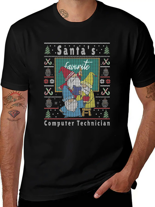 Santas Elfs Ugly Christmas Computer-Technician Basic Graphic T-Shirt – Daily Comfort In Soft Cotton