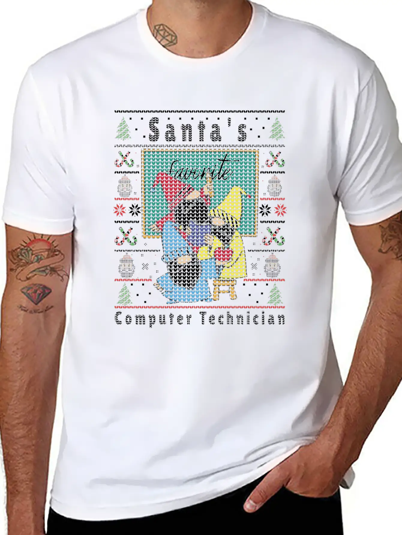 Santas Elfs Ugly Christmas Computer-Technician Basic Graphic T-Shirt – Daily Comfort In Soft Cotton