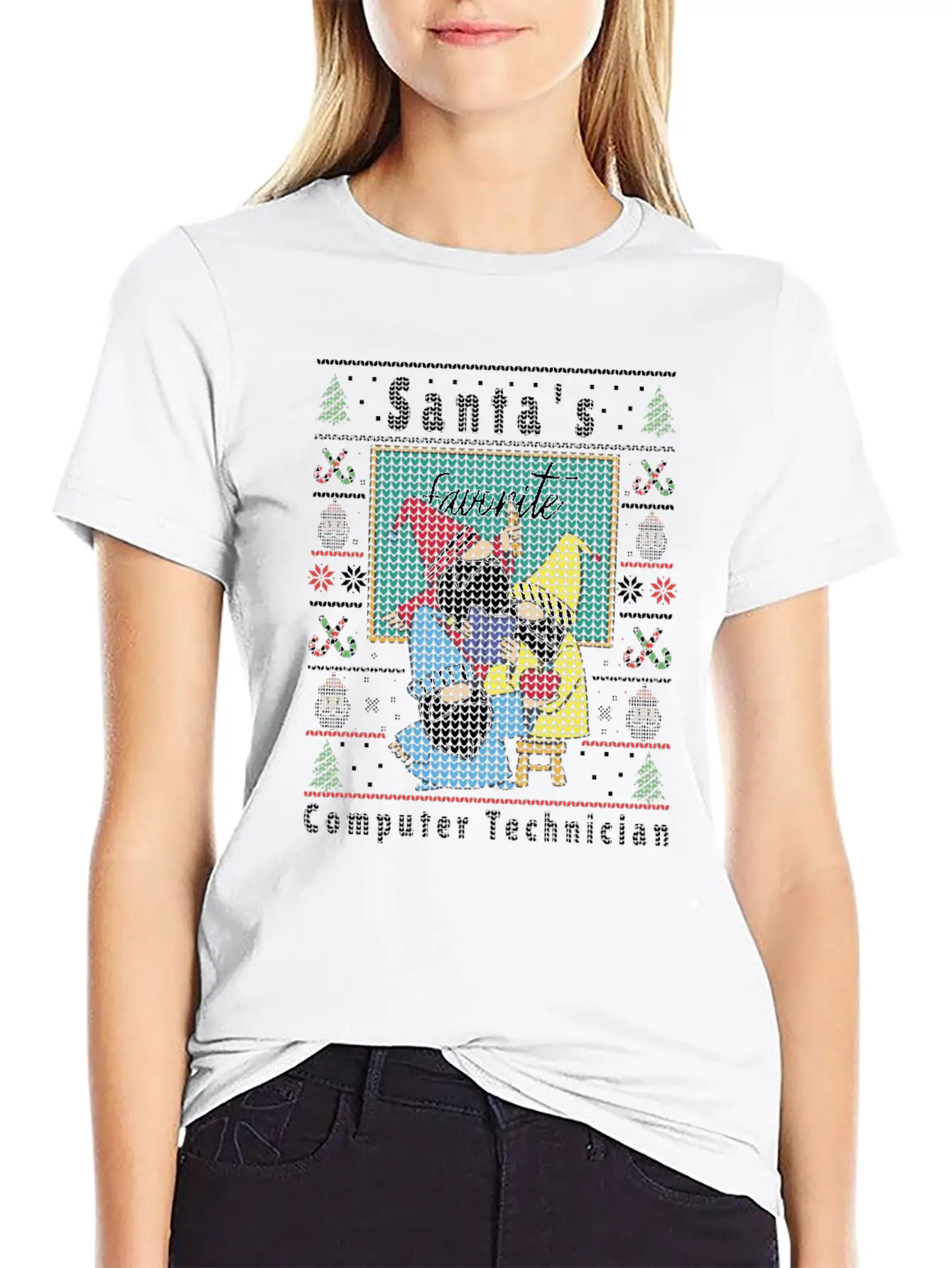 Santas Elfs Ugly Christmas Computer-Technician Basic Graphic T-Shirt – Daily Comfort In Soft Cotton