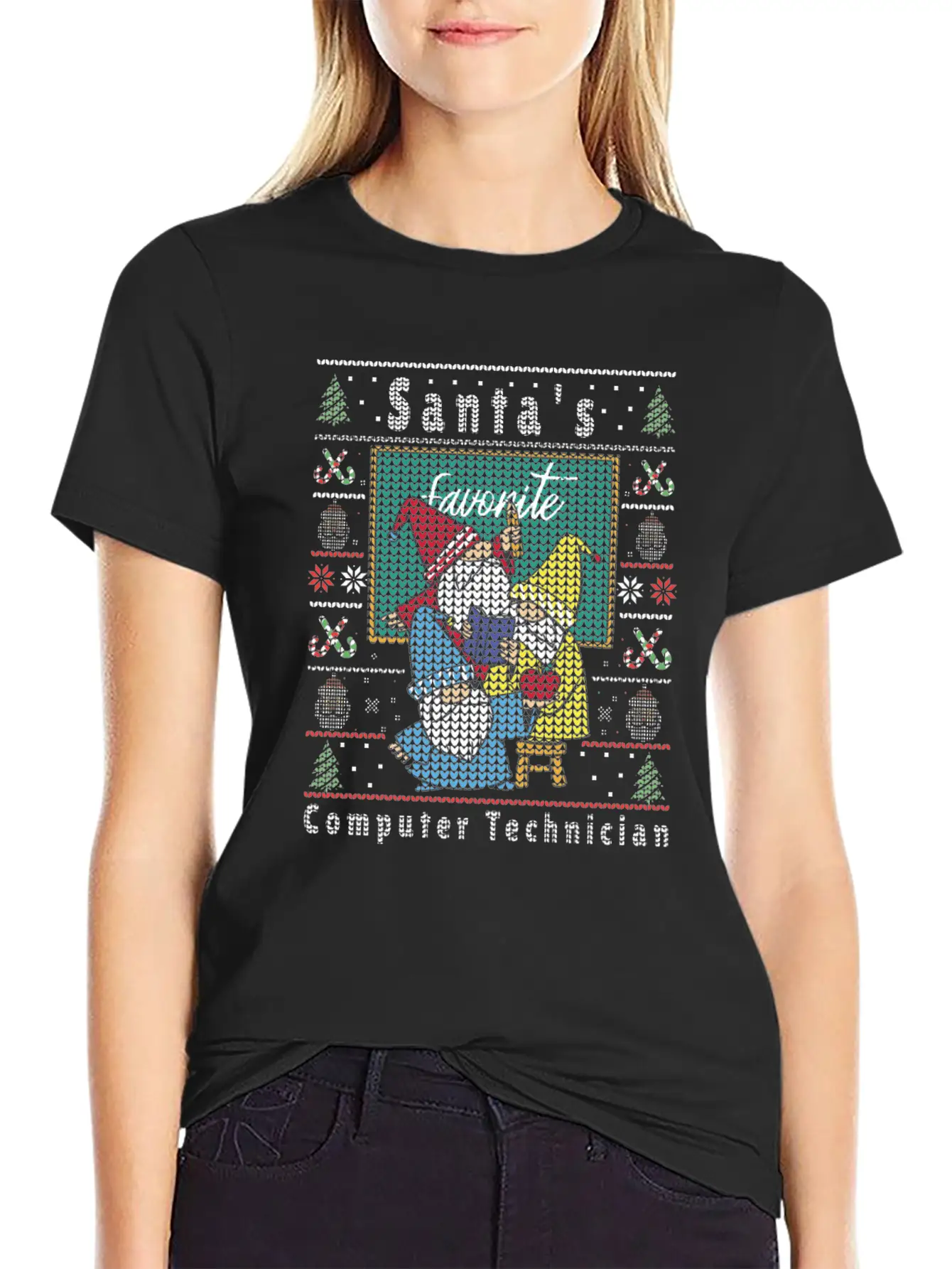 Santas Elfs Ugly Christmas Computer-Technician Basic Graphic T-Shirt – Daily Comfort In Soft Cotton