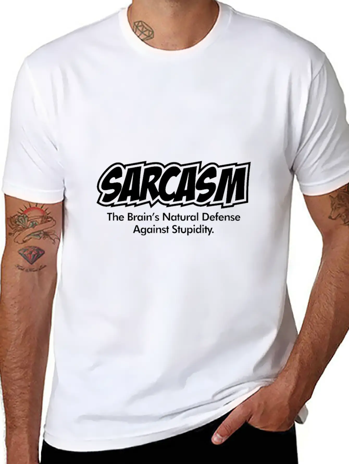 Sarcasm Funny Quote Brains Natural Defense Against Basic Graphic T-Shirt – Daily Comfort In Soft Cotton