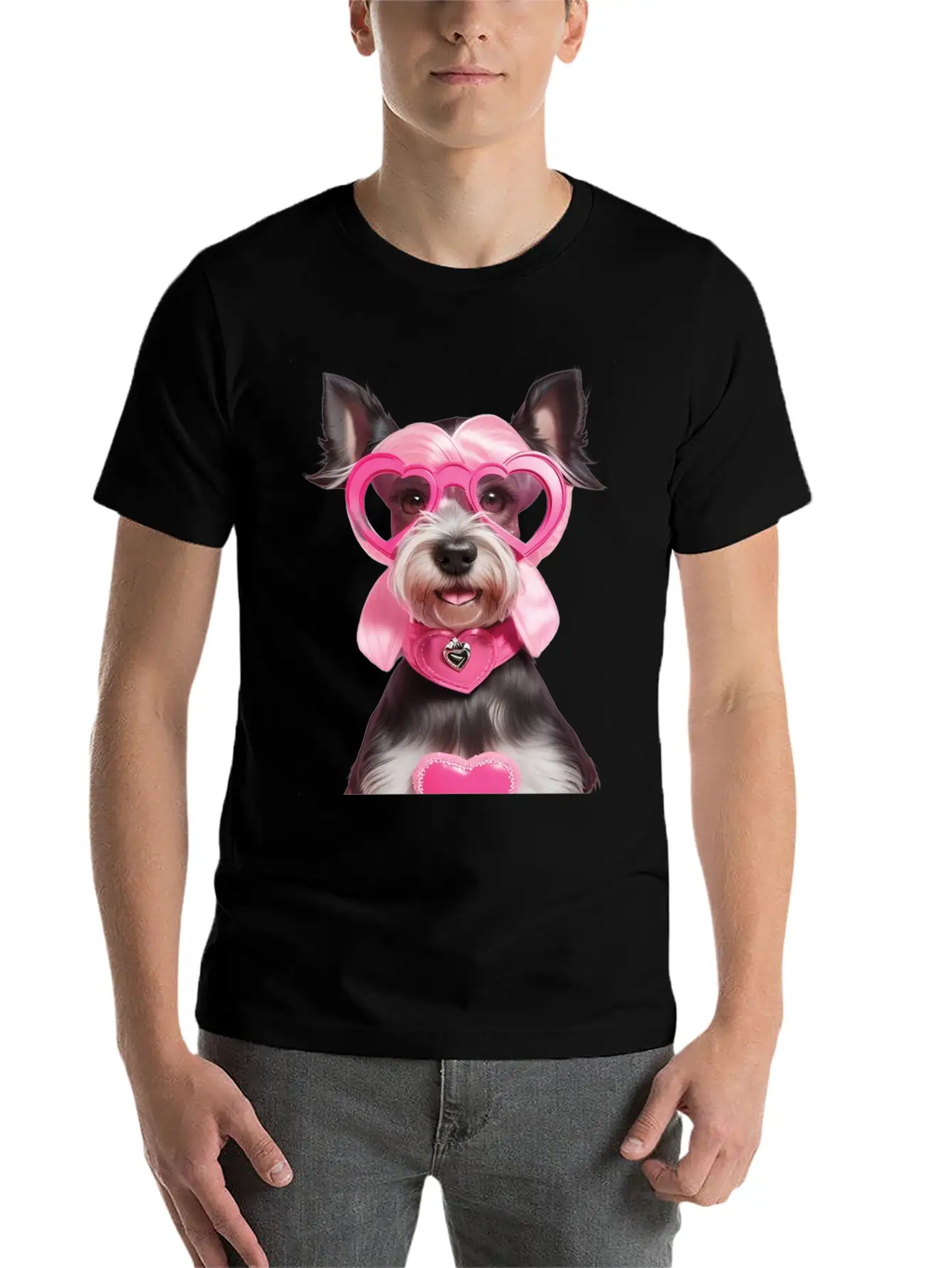 Schnauzer Wearing Pink & Silver Heart Comfortable Minimalist Graphic Tee – Summer Style Essential