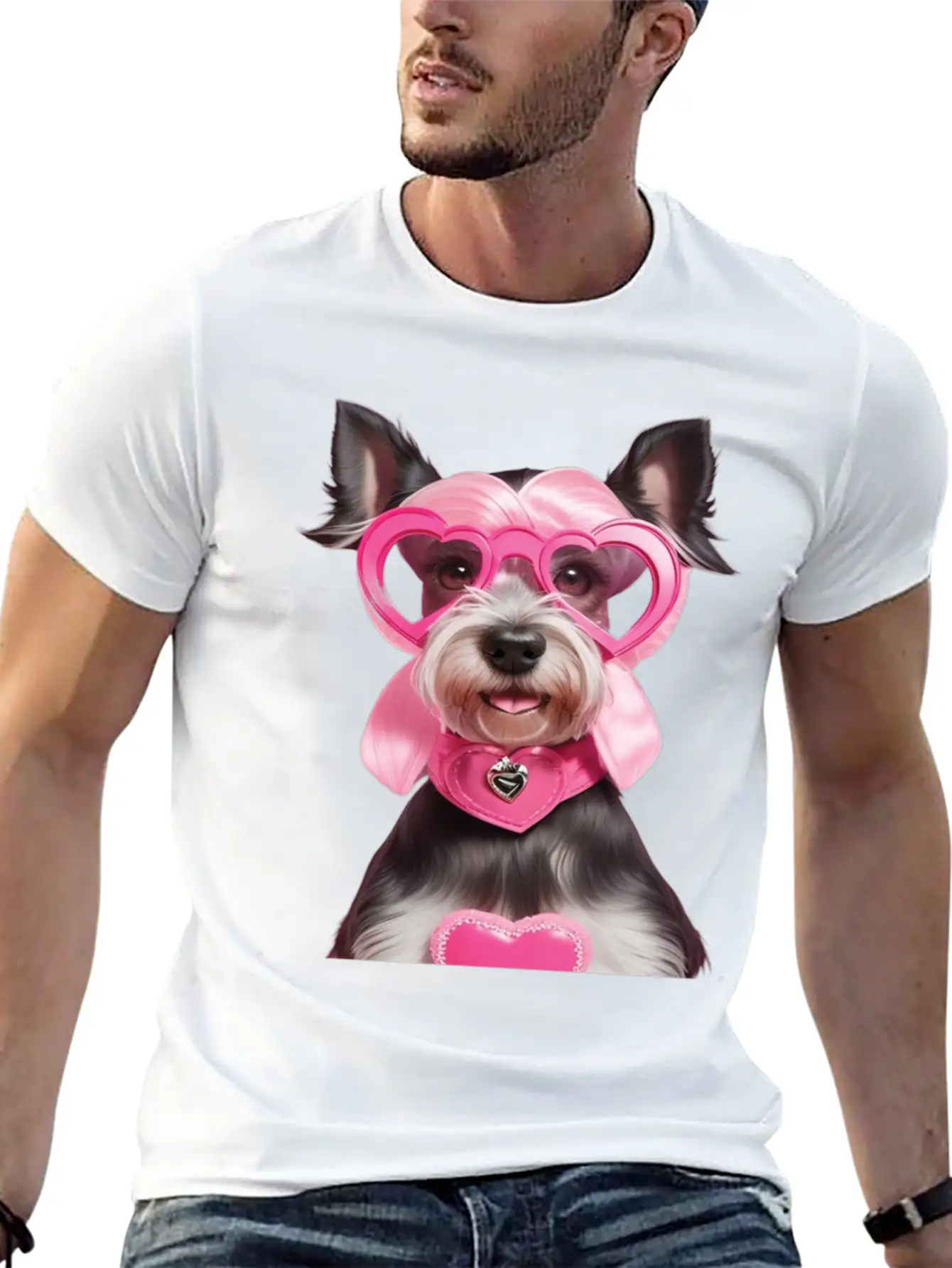Schnauzer Wearing Pink & Silver Heart Comfortable Minimalist Graphic Tee – Summer Style Essential