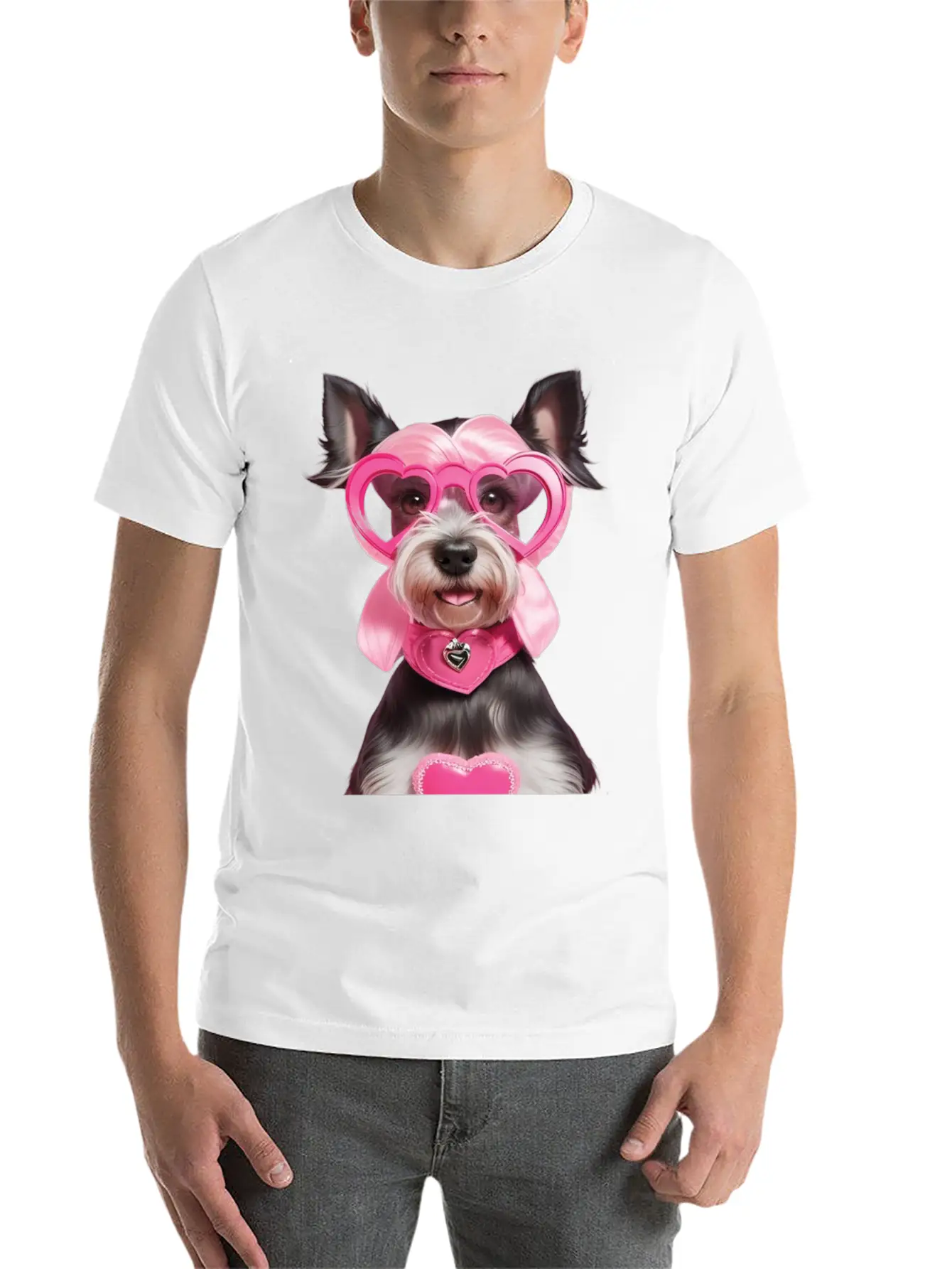 Schnauzer Wearing Pink & Silver Heart Comfortable Minimalist Graphic Tee – Summer Style Essential