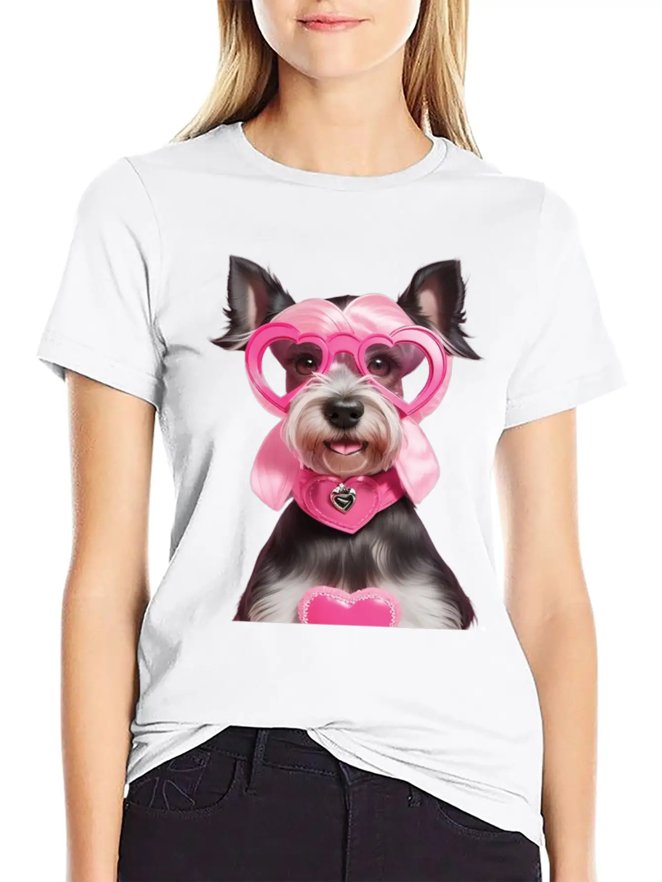 Schnauzer Wearing Pink & Silver Heart Comfortable Minimalist Graphic Tee – Summer Style Essential