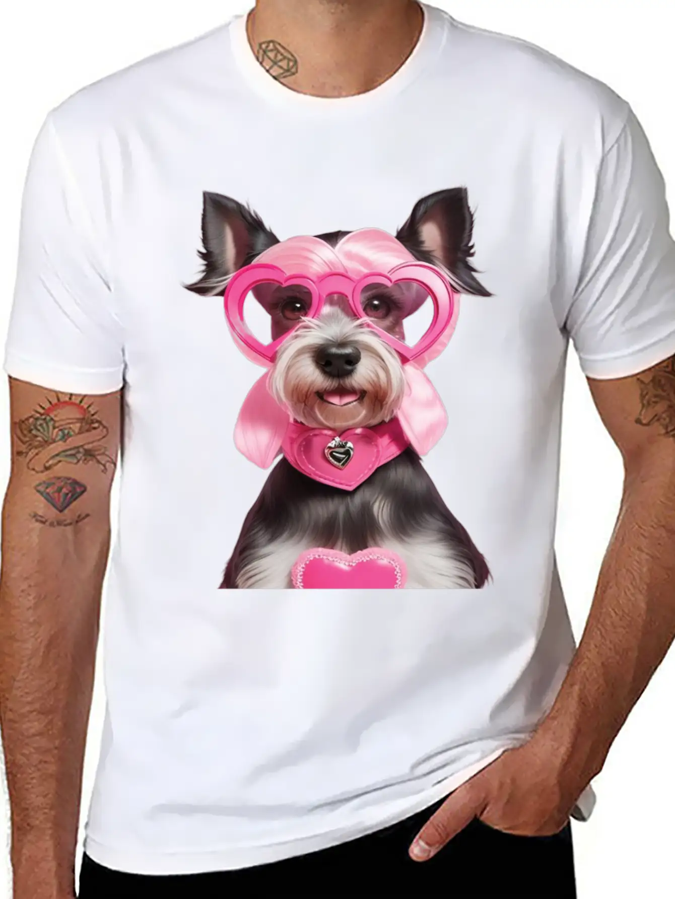 Schnauzer Wearing Pink & Silver Heart Comfortable Minimalist Graphic Tee – Summer Style Essential