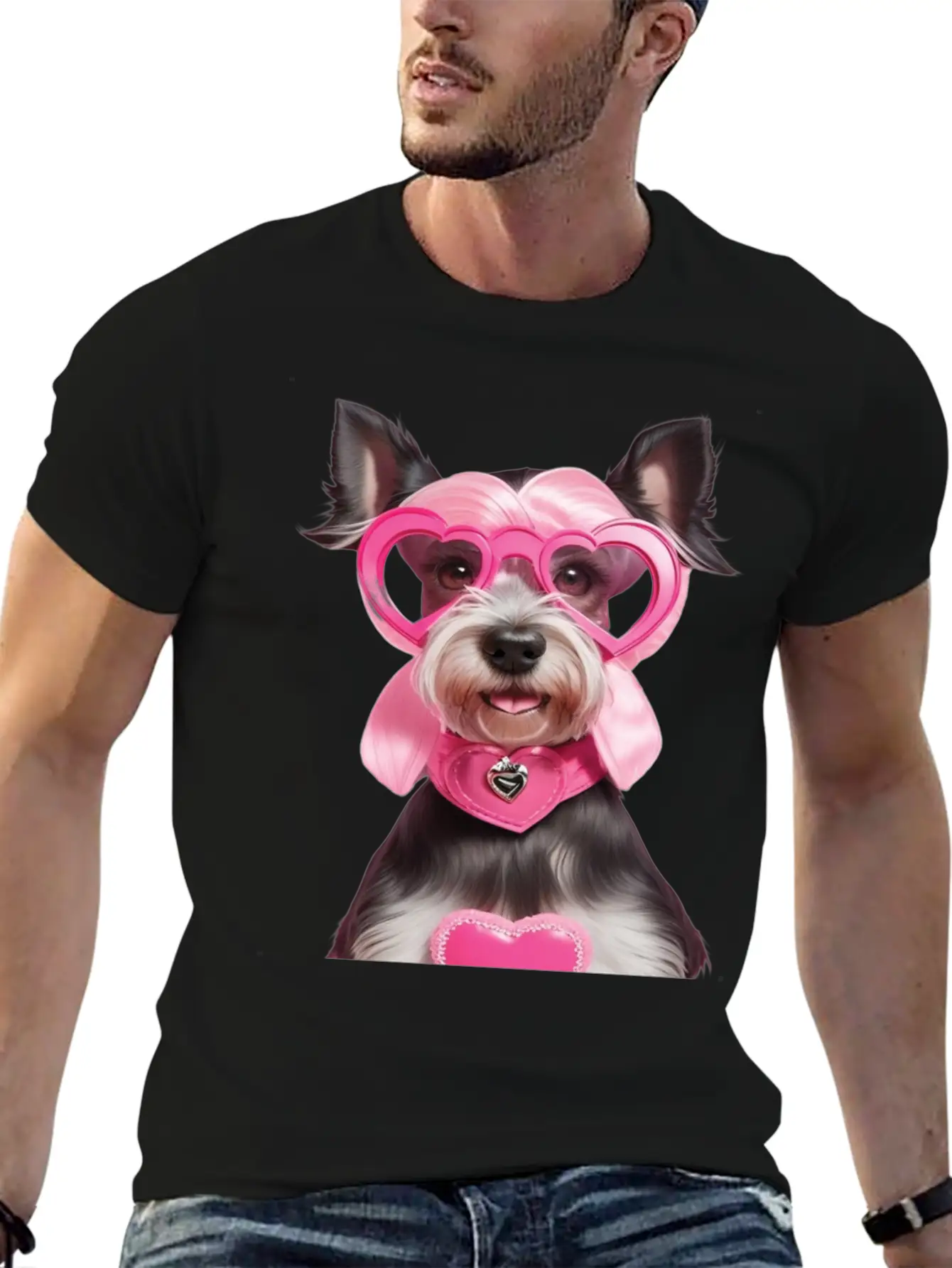 Schnauzer Wearing Pink & Silver Heart Comfortable Minimalist Graphic Tee – Summer Style Essential