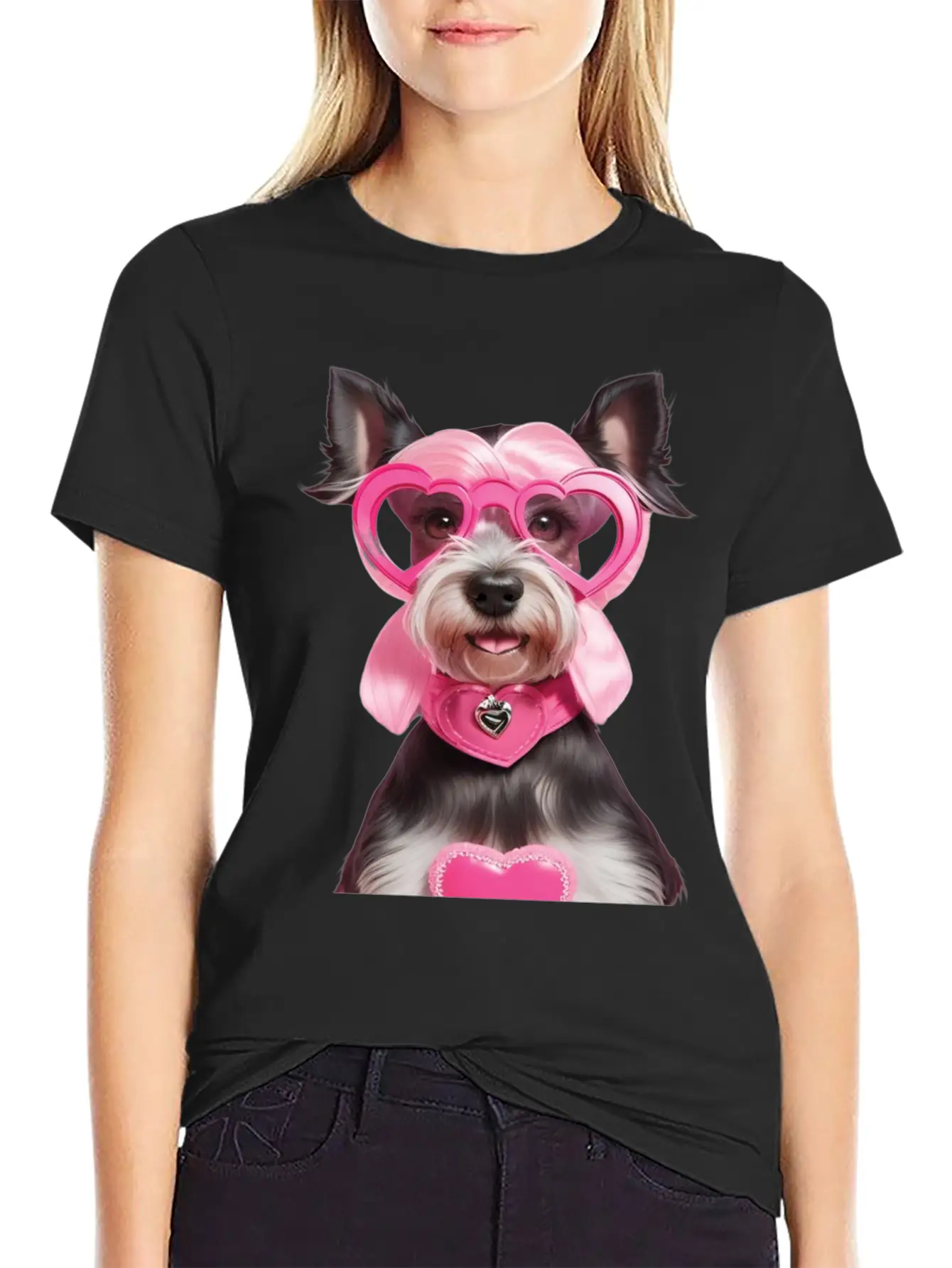 Schnauzer Wearing Pink & Silver Heart Comfortable Minimalist Graphic Tee – Summer Style Essential