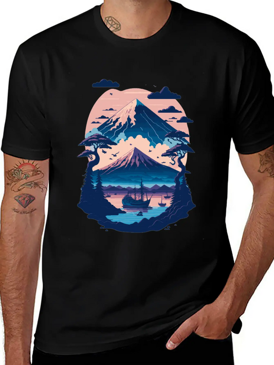 Serene Mount Fuji Sunset Peaceful River Scenery Unisex Short Sleeve Soft Cotton T-Shirt – Casual Everyday Wear