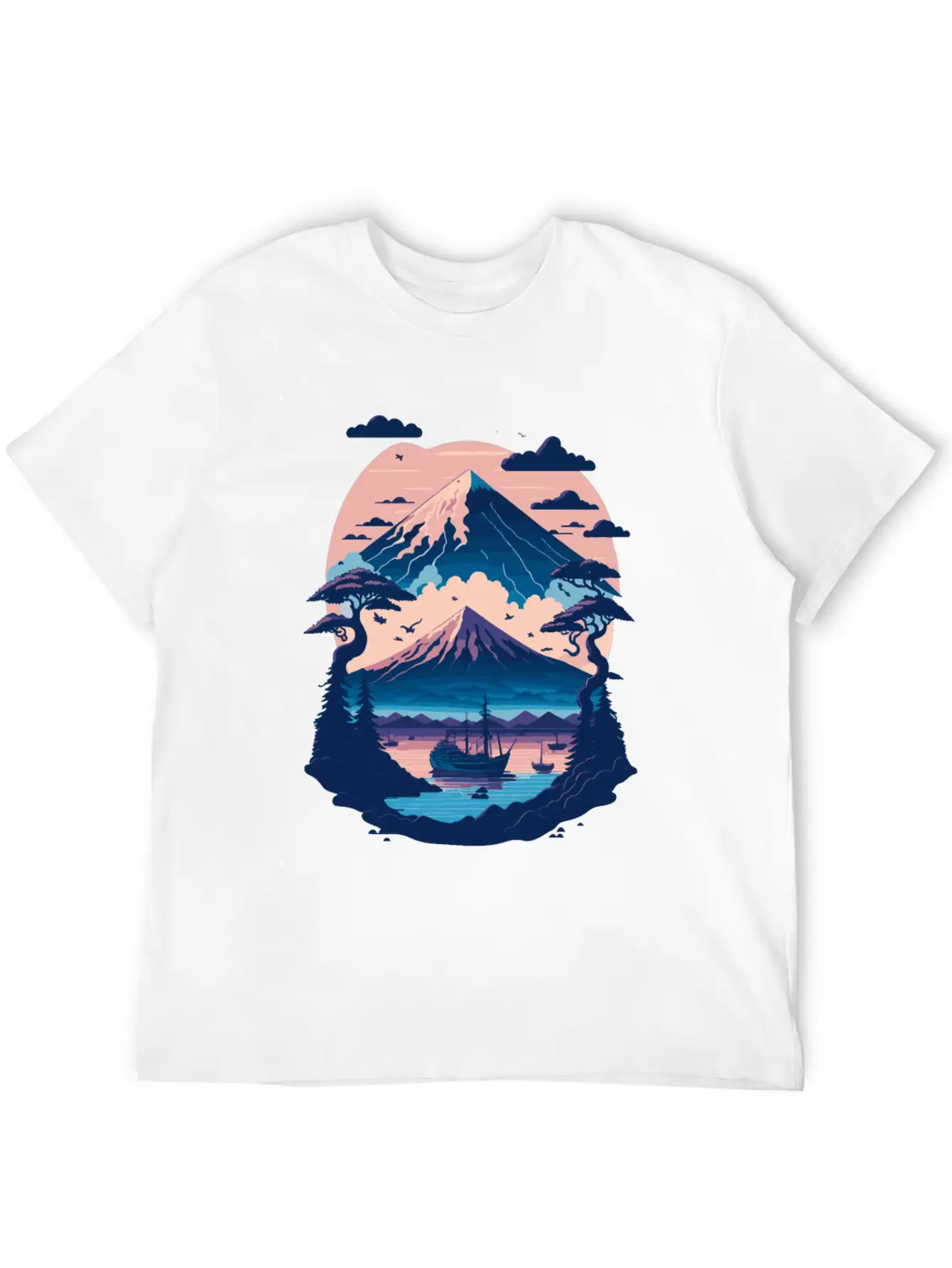 Serene Mount Fuji Sunset Peaceful River Scenery Unisex Short Sleeve Soft Cotton T-Shirt – Casual Everyday Wear