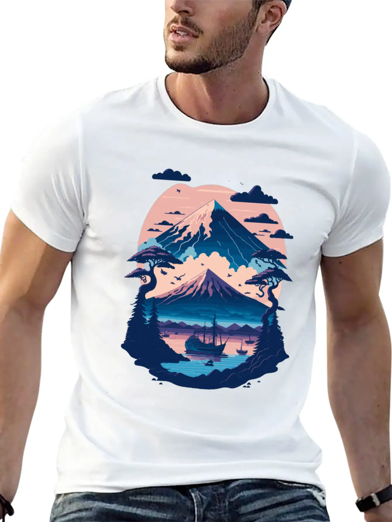 Serene Mount Fuji Sunset Peaceful River Scenery Unisex Short Sleeve Soft Cotton T-Shirt – Casual Everyday Wear