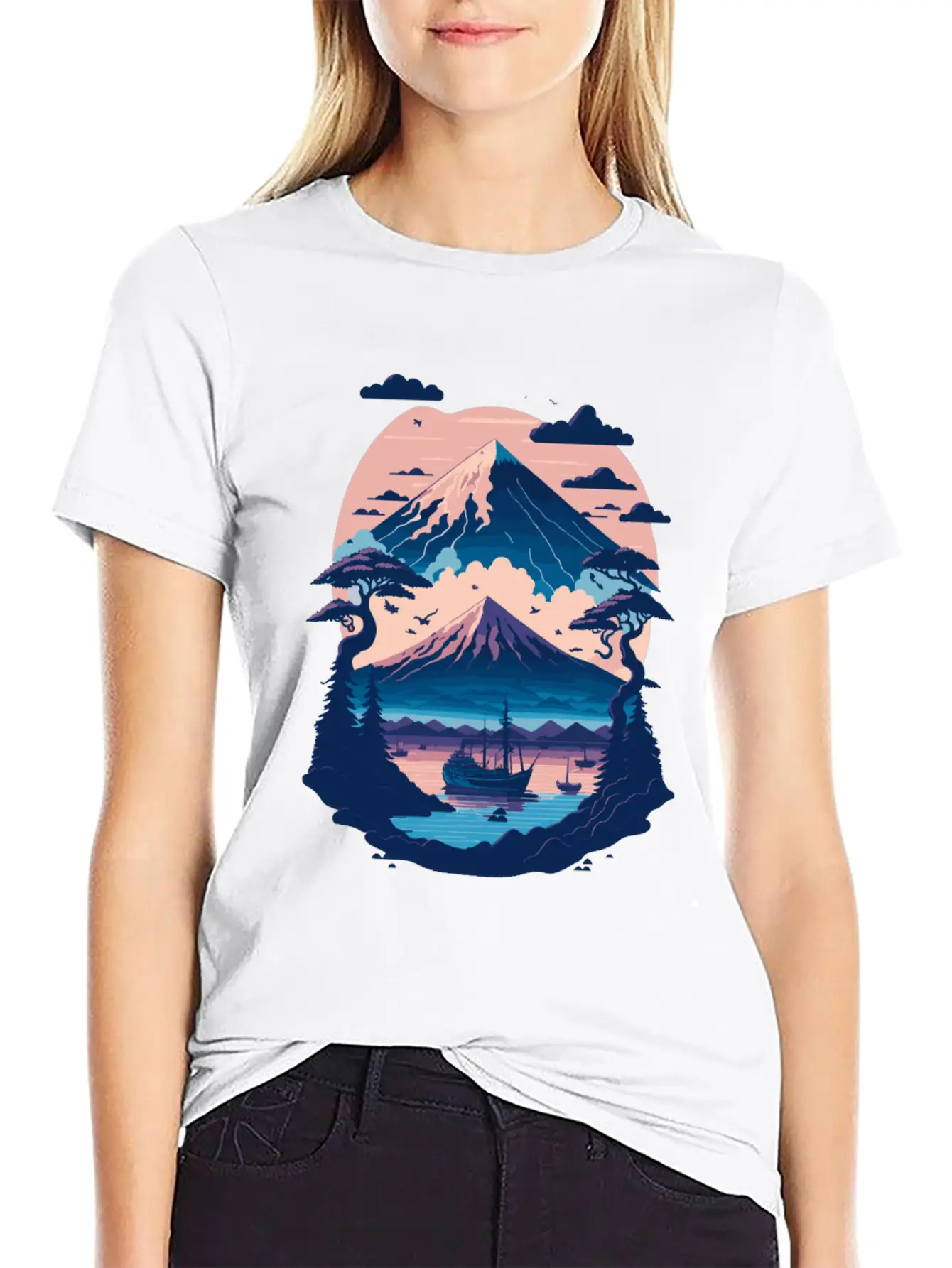 Serene Mount Fuji Sunset Peaceful River Scenery Unisex Short Sleeve Soft Cotton T-Shirt – Casual Everyday Wear
