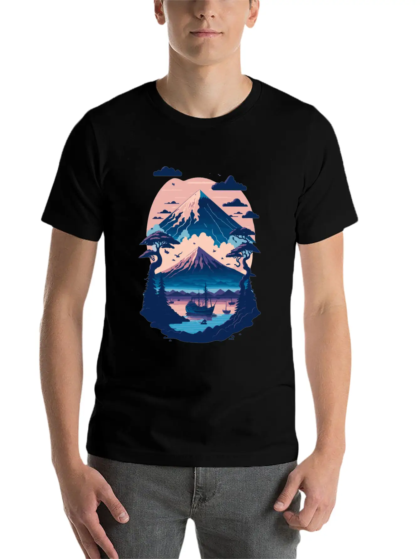 Serene Mount Fuji Sunset Peaceful River Scenery Unisex Short Sleeve Soft Cotton T-Shirt – Casual Everyday Wear