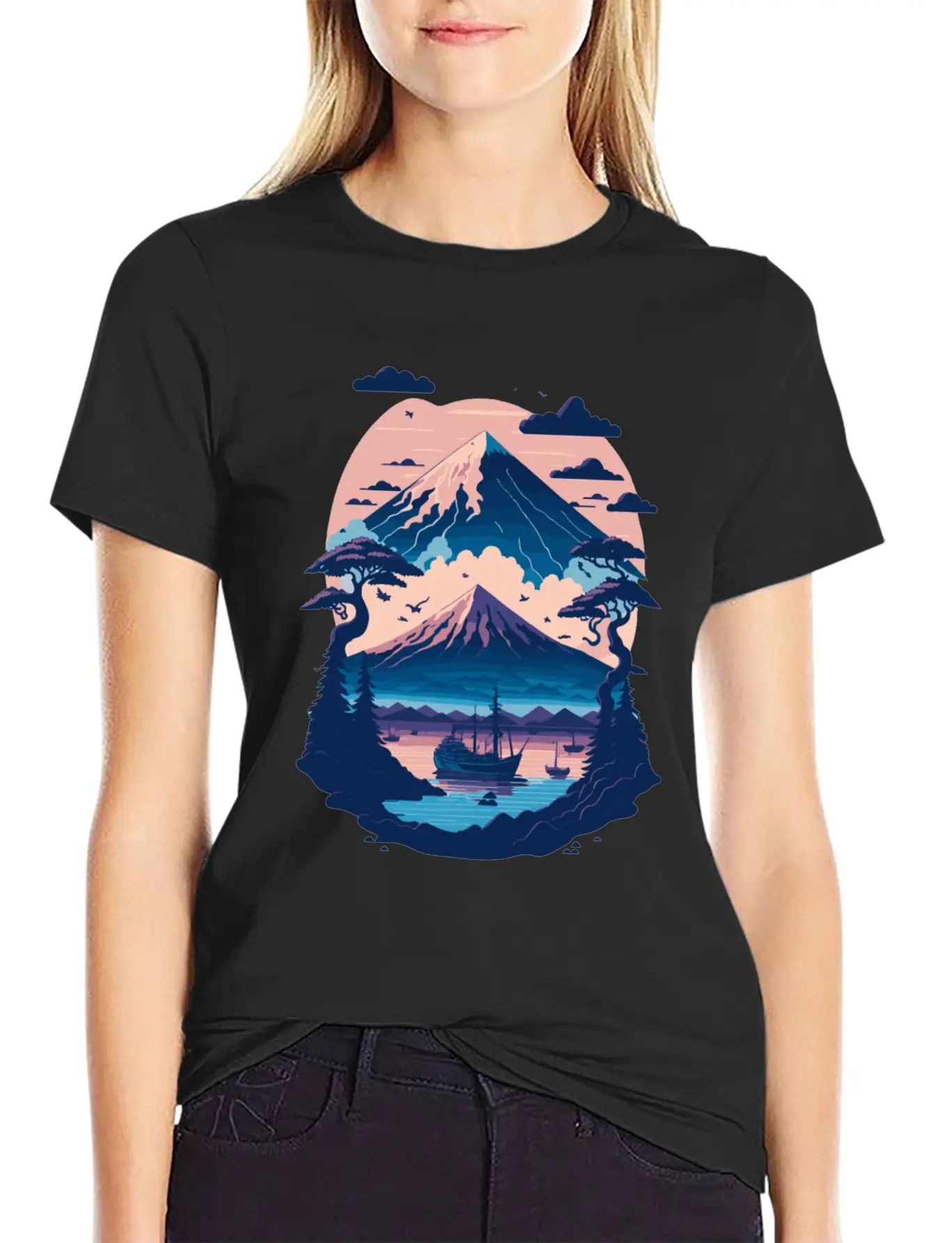 Serene Mount Fuji Sunset Peaceful River Scenery Unisex Short Sleeve Soft Cotton T-Shirt – Casual Everyday Wear
