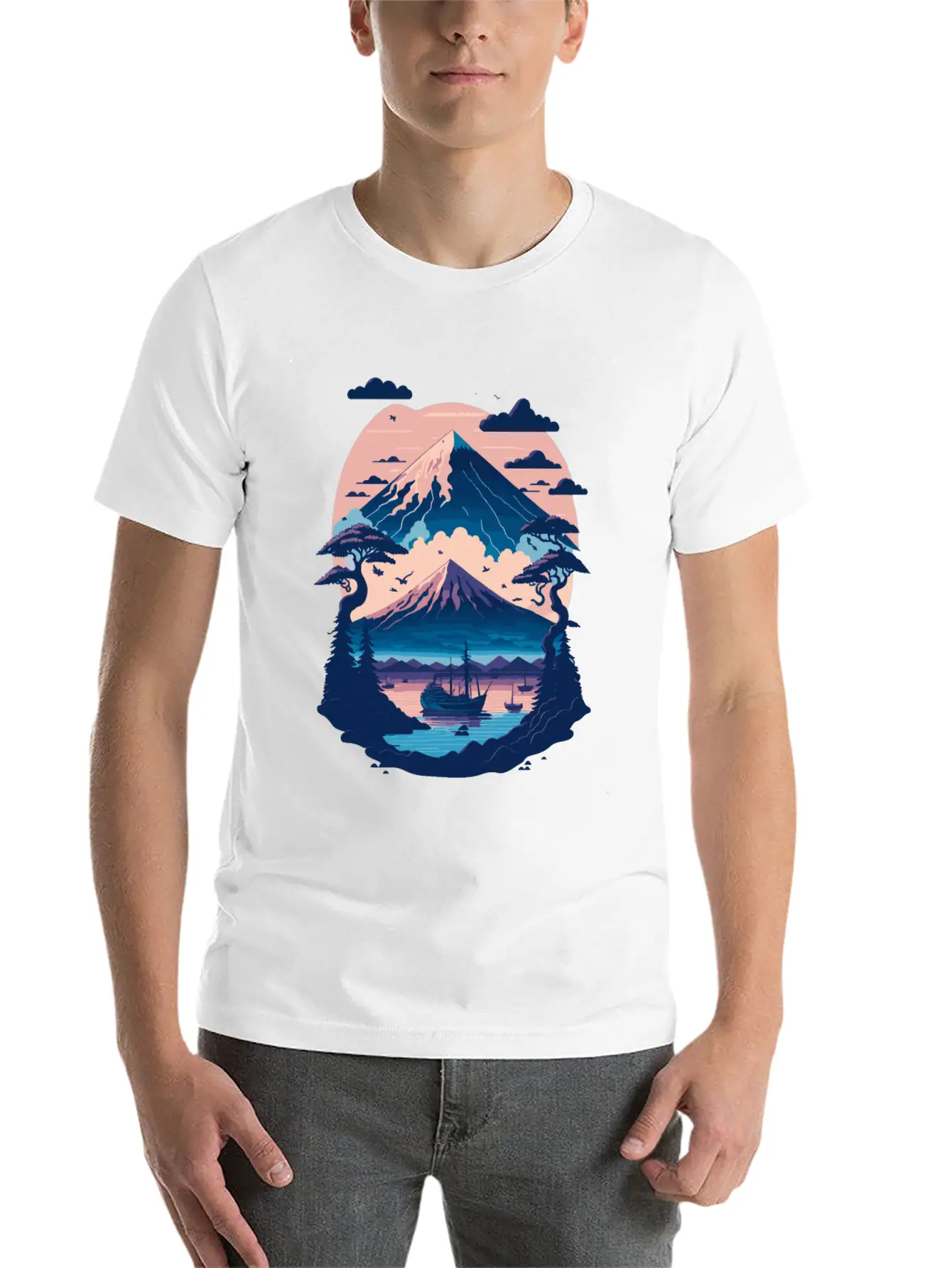 Serene Mount Fuji Sunset Peaceful River Scenery Unisex Short Sleeve Soft Cotton T-Shirt – Casual Everyday Wear