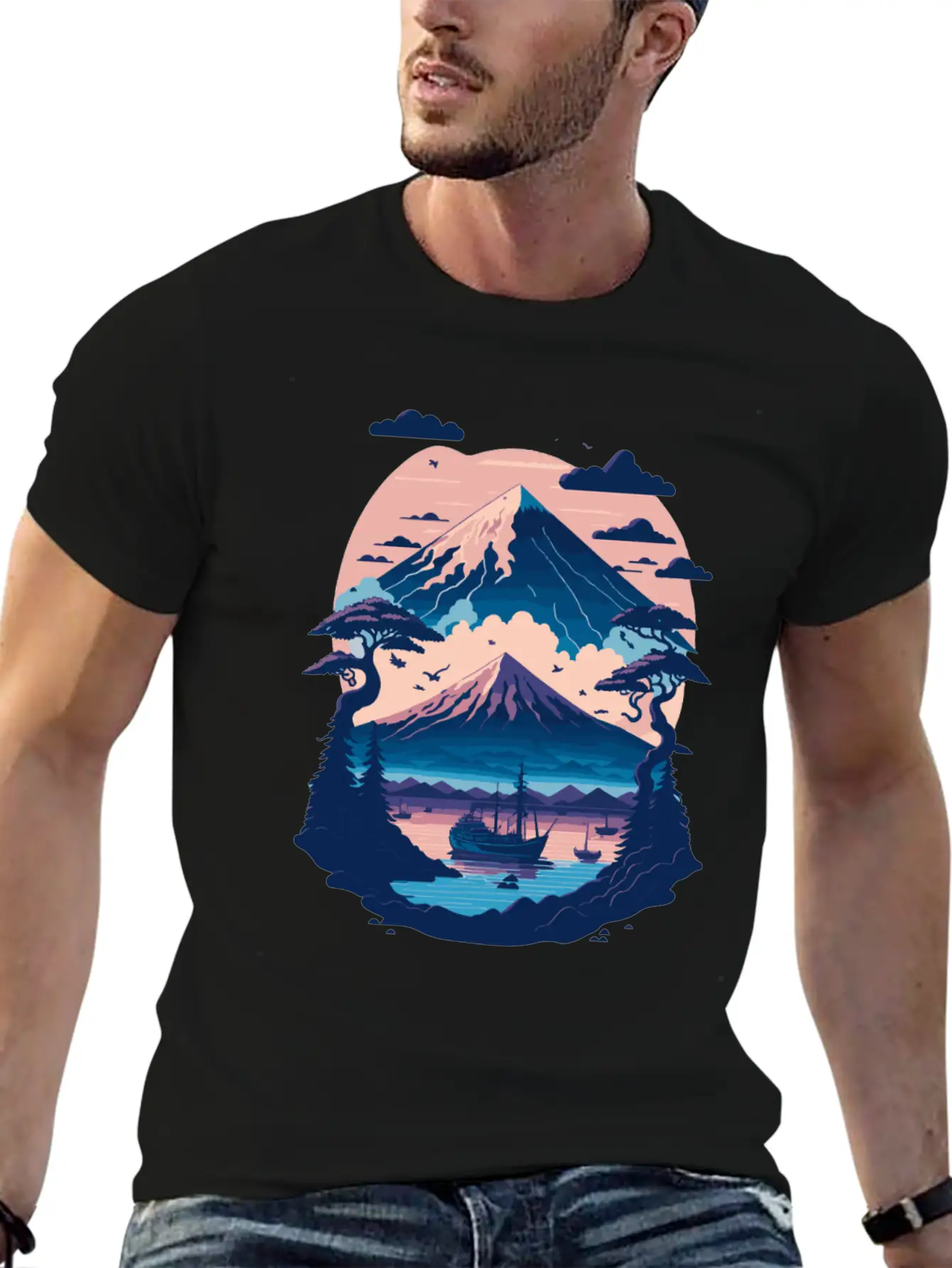 Serene Mount Fuji Sunset Peaceful River Scenery Unisex Short Sleeve Soft Cotton T-Shirt – Casual Everyday Wear