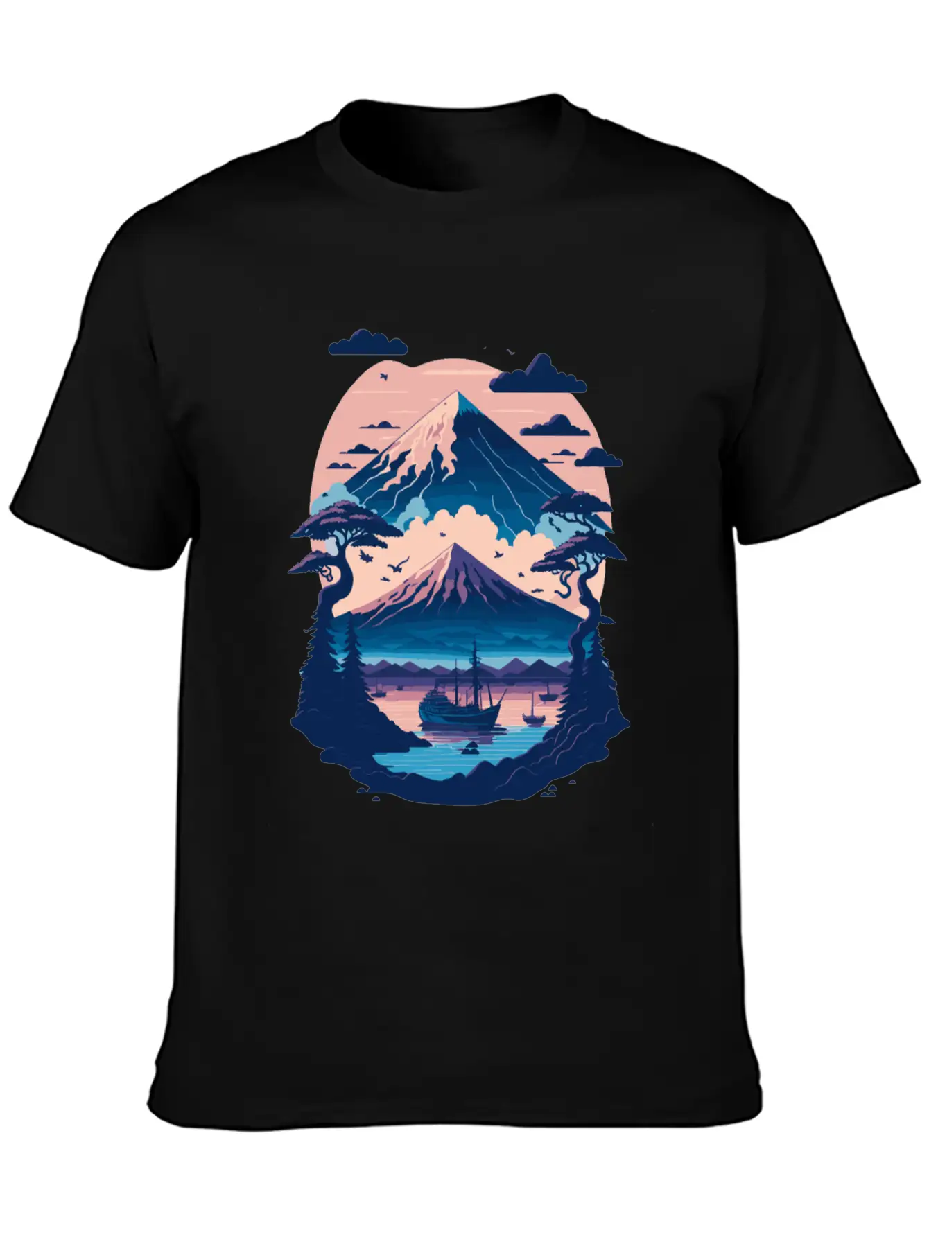 Serene Mount Fuji Sunset Peaceful River Scenery Unisex Short Sleeve Soft Cotton T-Shirt – Casual Everyday Wear