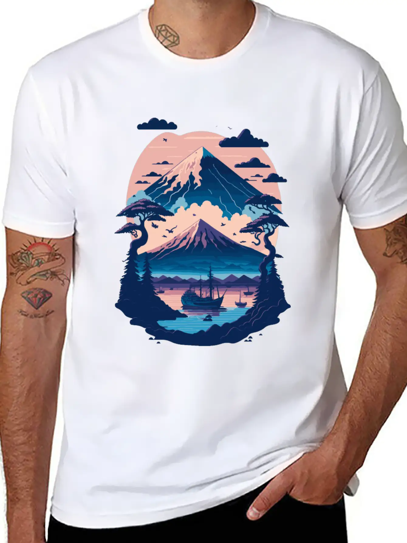 Serene Mount Fuji Sunset Peaceful River Scenery Unisex Short Sleeve Soft Cotton T-Shirt – Casual Everyday Wear
