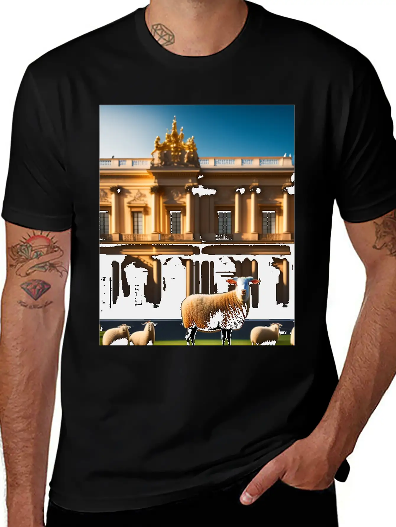 Sheep In Baroque Armor In Front Of Palace Made Of Comfortable Minimalist Graphic Tee – Summer Style Essential