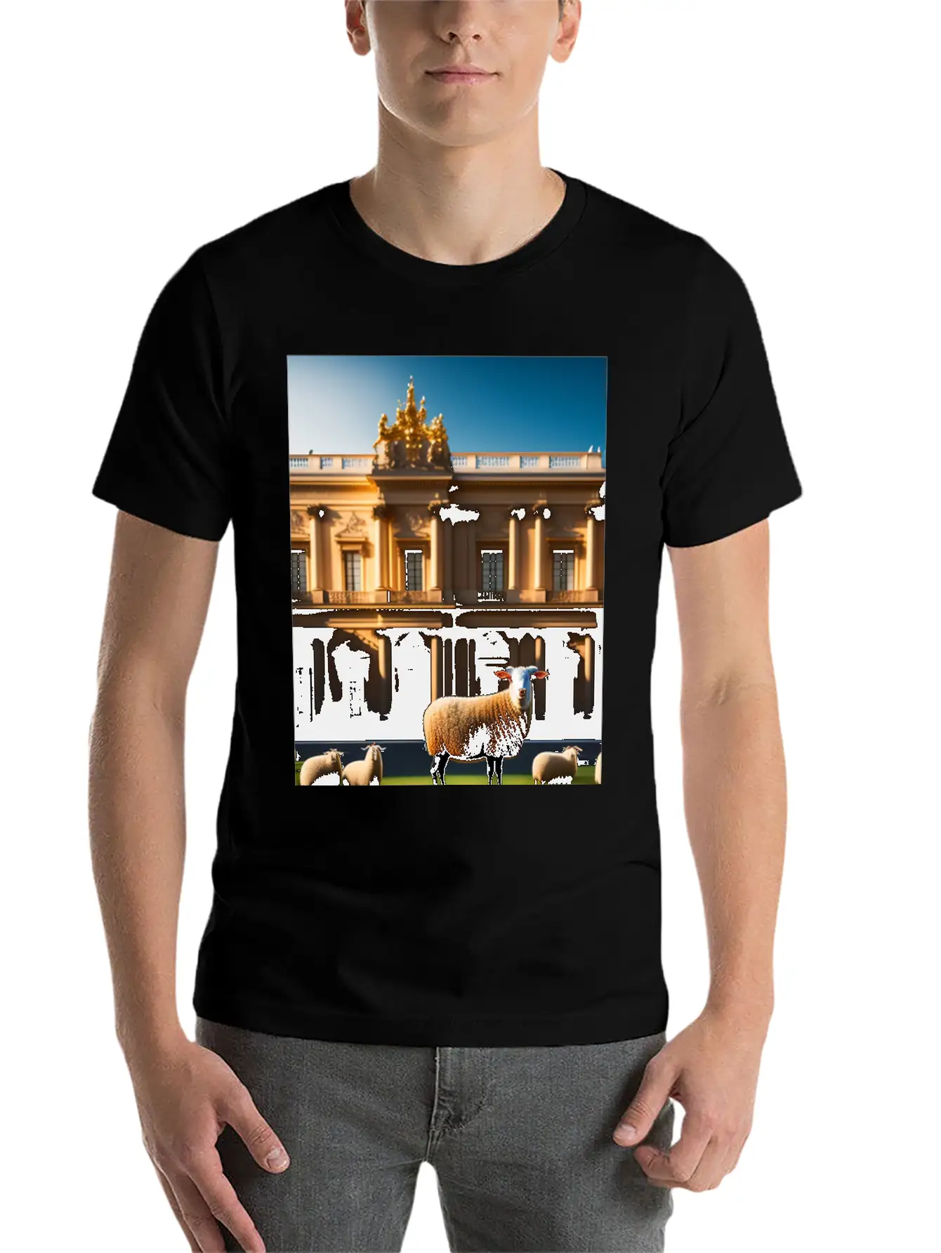 Sheep In Baroque Armor In Front Of Palace Made Of Comfortable Minimalist Graphic Tee – Summer Style Essential