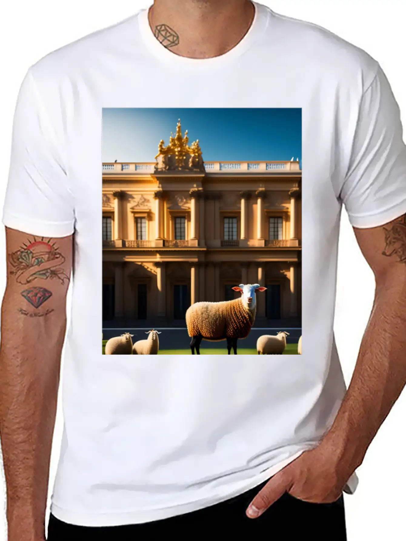 Sheep In Baroque Armor In Front Of Palace Made Of Comfortable Minimalist Graphic Tee – Summer Style Essential