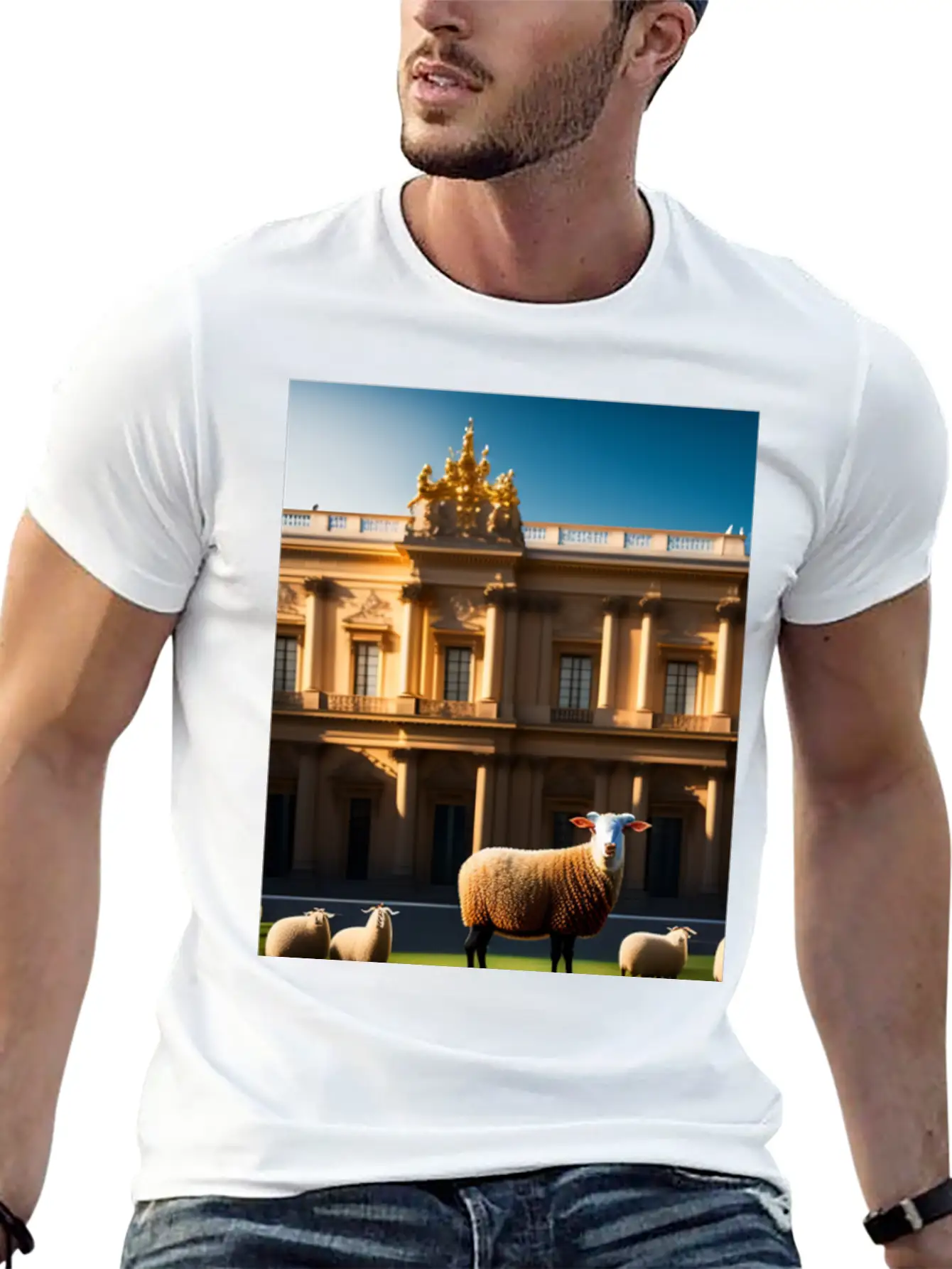 Sheep In Baroque Armor In Front Of Palace Made Of Comfortable Minimalist Graphic Tee – Summer Style Essential