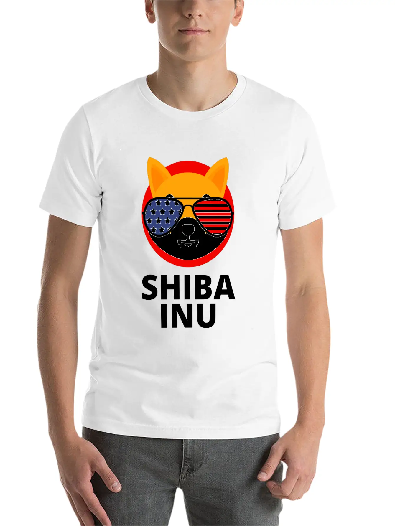 Shiba Inu Coin SHIB Token US Flag Sunglasses Essential Unisex Summer Tee – Soft Cotton Casual Fit