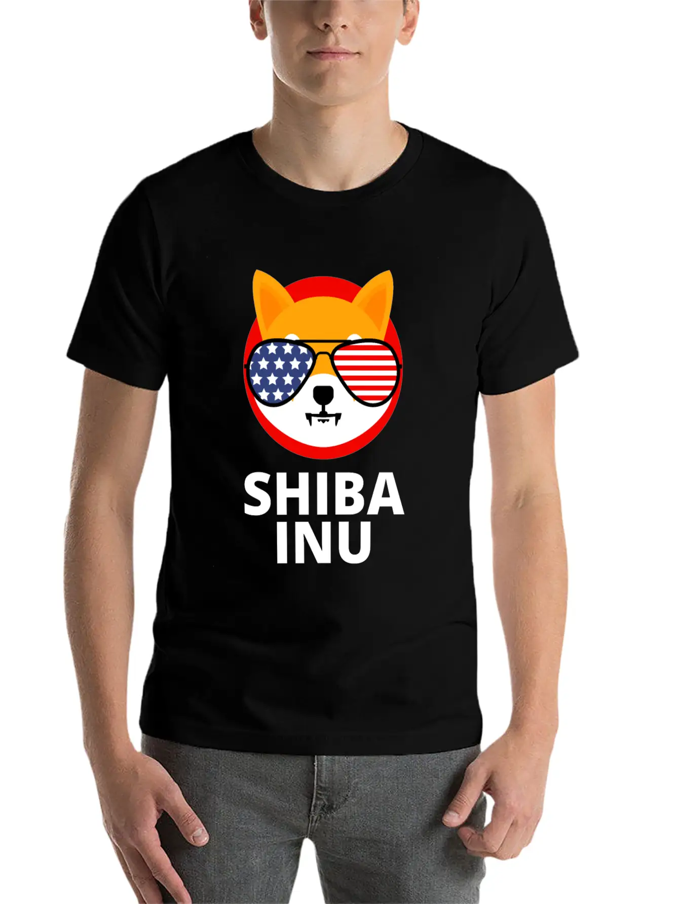 Shiba Inu Coin SHIB Token US Flag Sunglasses Essential Unisex Summer Tee – Soft Cotton Casual Fit
