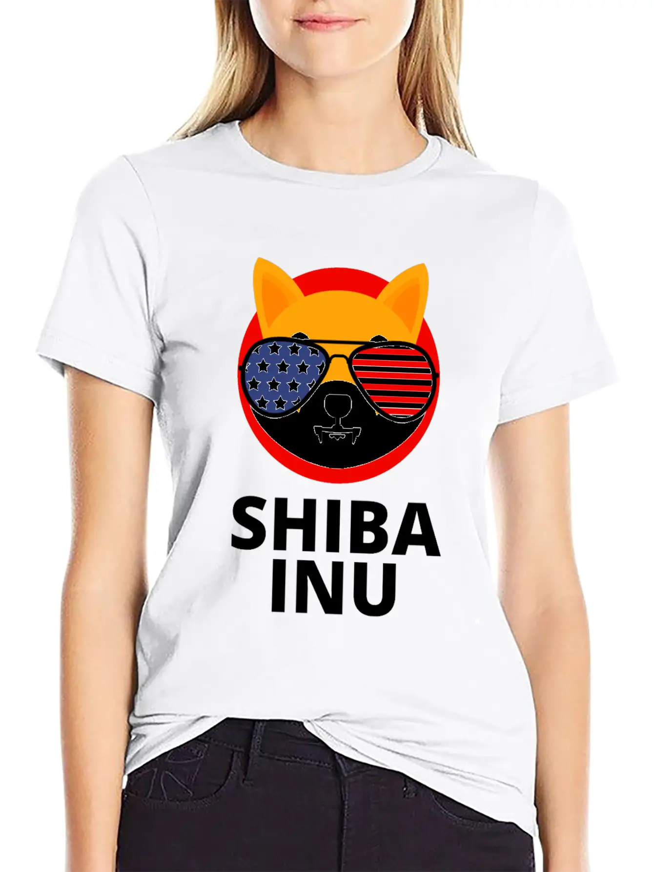 Shiba Inu Coin SHIB Token US Flag Sunglasses Essential Unisex Summer Tee – Soft Cotton Casual Fit