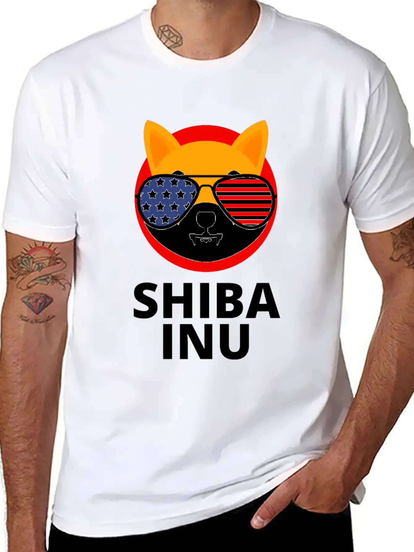 Shiba Inu Coin SHIB Token US Flag Sunglasses Essential Unisex Summer Tee – Soft Cotton Casual Fit