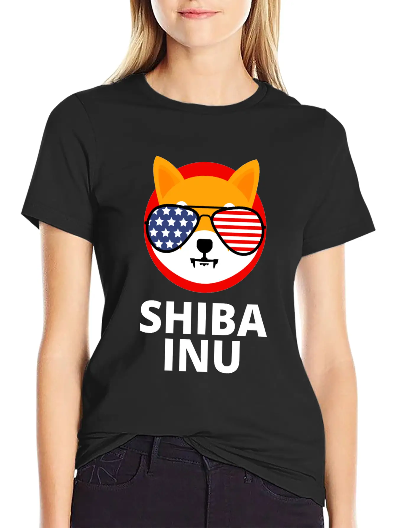 Shiba Inu Coin SHIB Token US Flag Sunglasses Essential Unisex Summer Tee – Soft Cotton Casual Fit