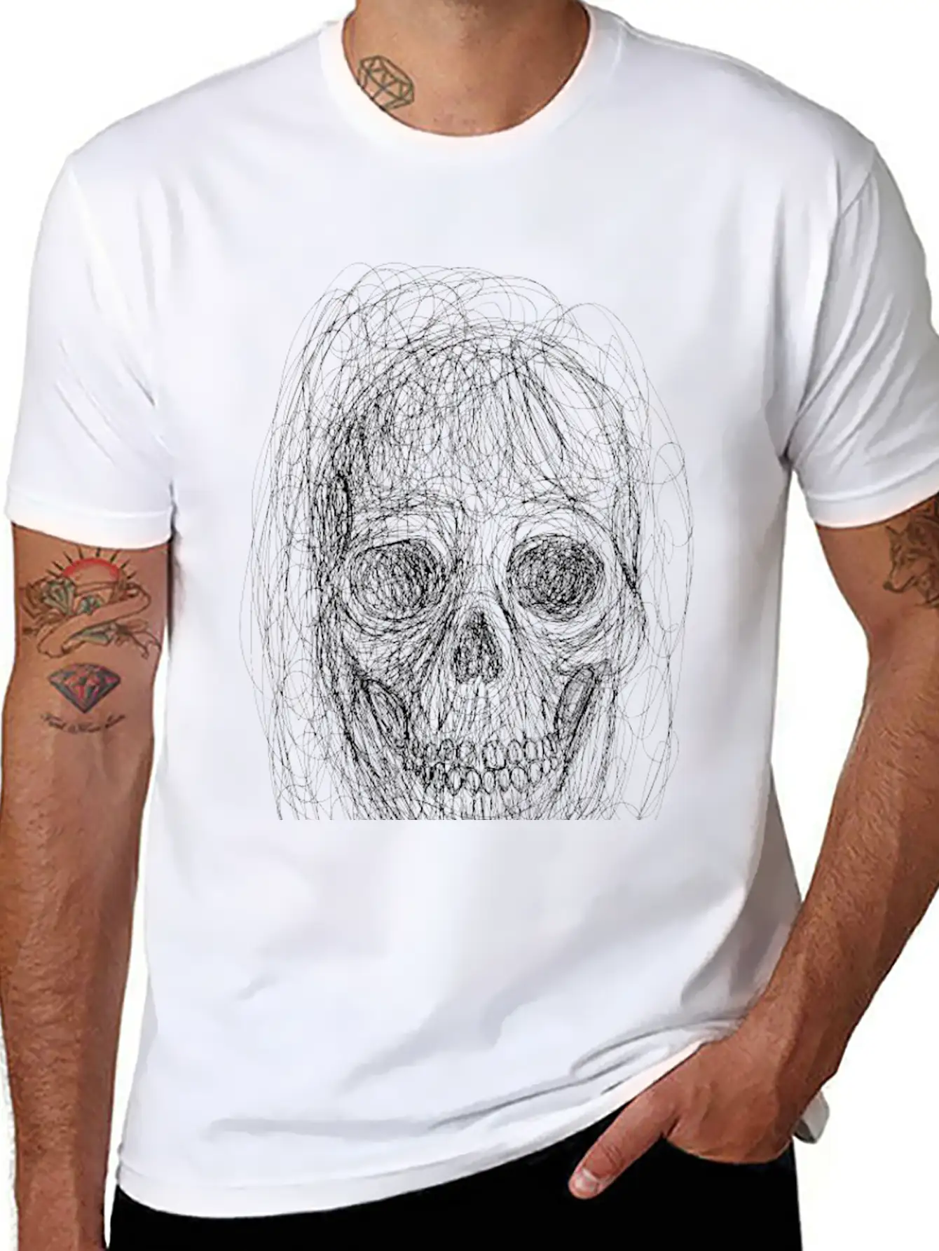 Skull Line Art_ Painted Skull Face Unisex Short Sleeve Soft Cotton T-Shirt – Casual Everyday Wear