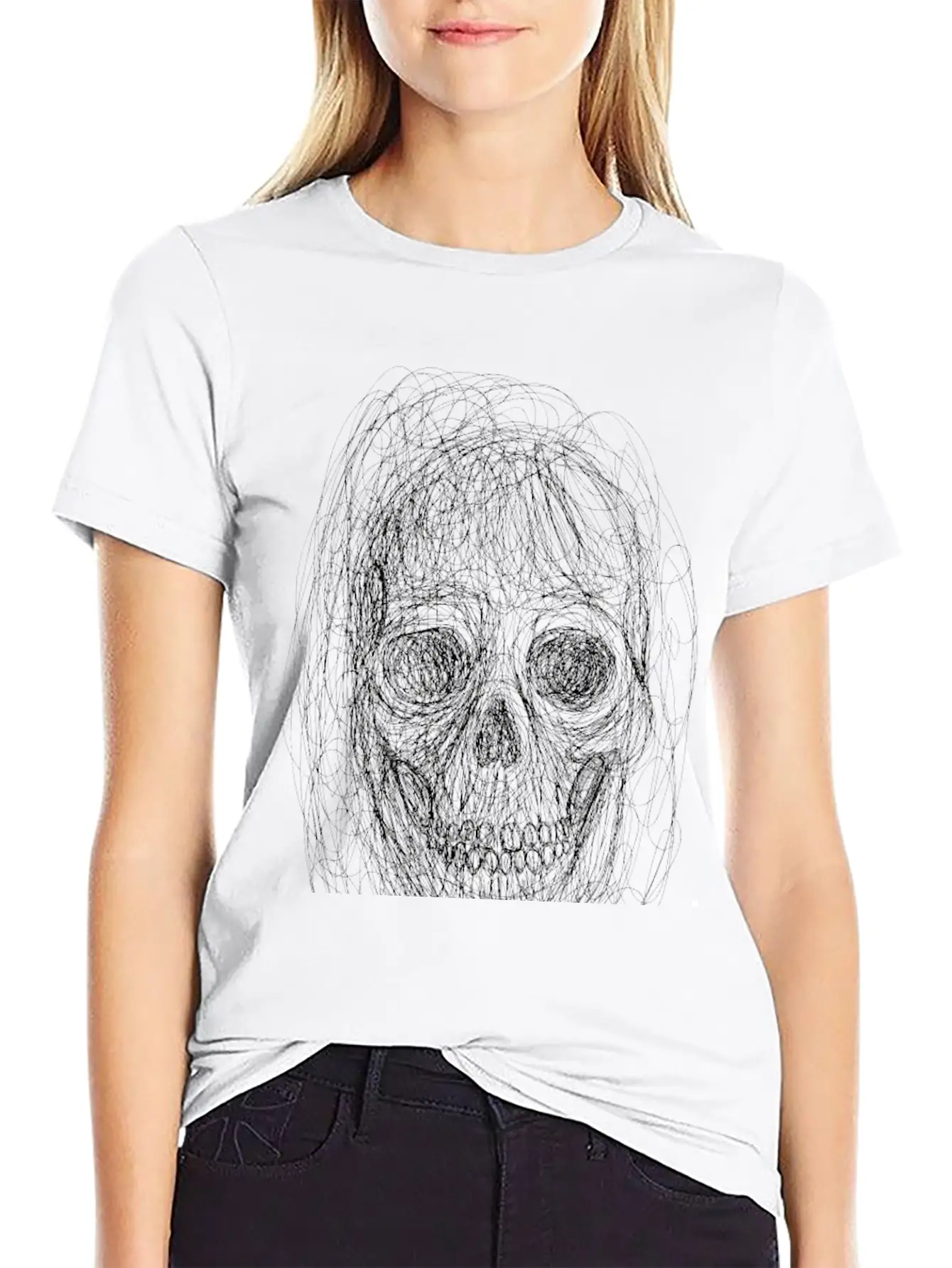 Skull Line Art_ Painted Skull Face Unisex Short Sleeve Soft Cotton T-Shirt – Casual Everyday Wear